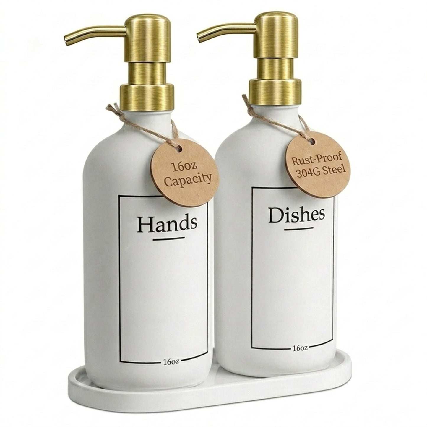 Glass Hand and Dish Soap Dispenser Set with Bamboo Tray – Kitchen Soap Dispenser Set, Gold Pumps, 16 oz, Silicone Funnel – Modern Farmhouse Kitchen Sink Decor & Accessories