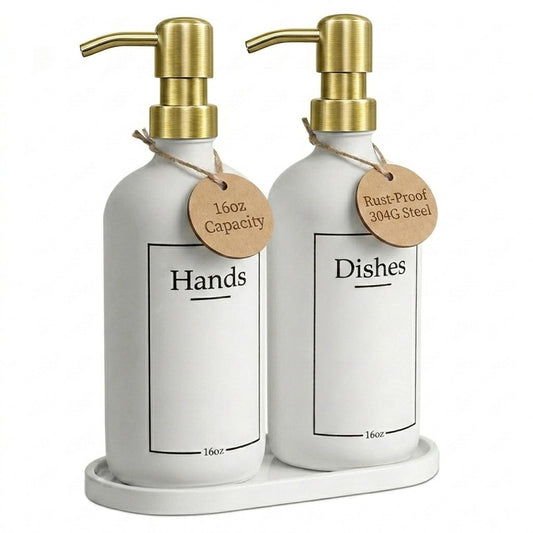 Glass Hand and Dish Soap Dispenser Set with Bamboo Tray – Kitchen Soap Dispenser Set, Gold Pumps, 16 oz, Silicone Funnel – Modern Farmhouse Kitchen Sink Decor & Accessories