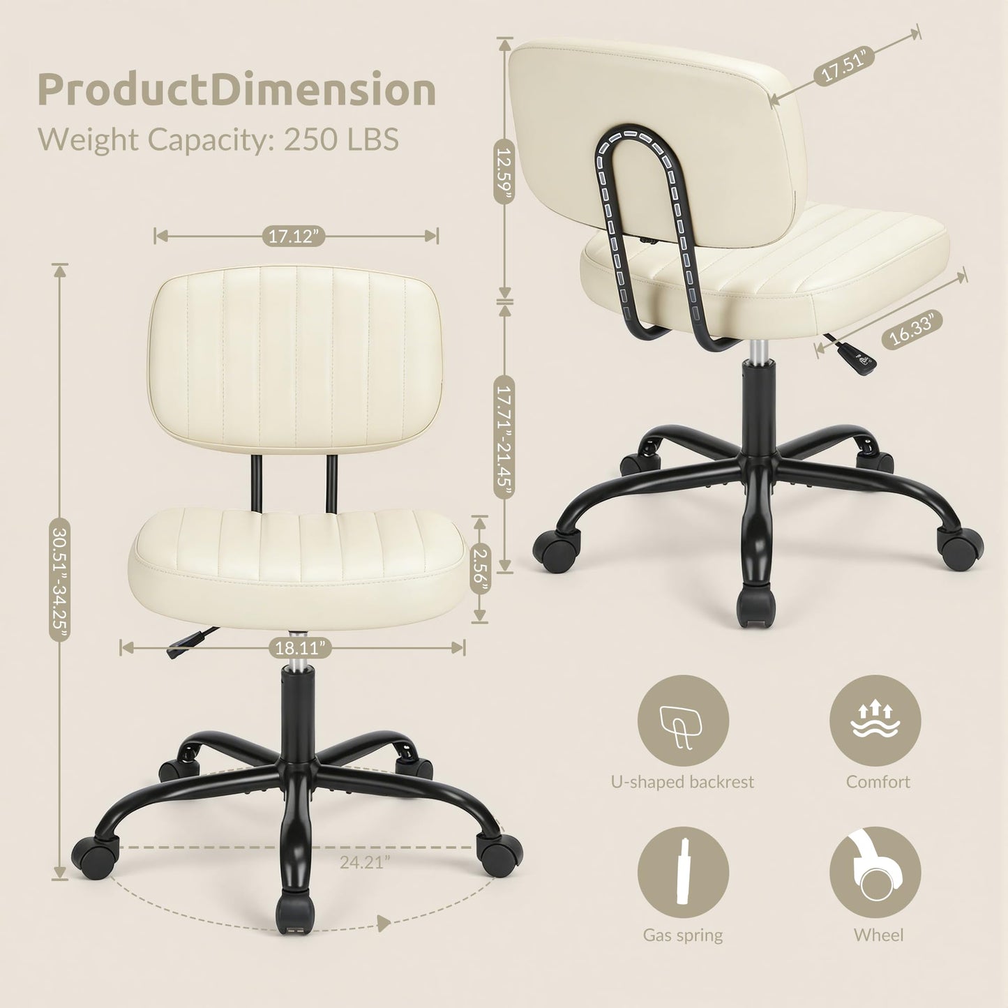 Swivel Rolling Office Chair, Armless Pu Leather Vanity Chair with Back Lumbar Support Height Adjustable Computer Chair, Small Desk Chair for Home Office, Beige White