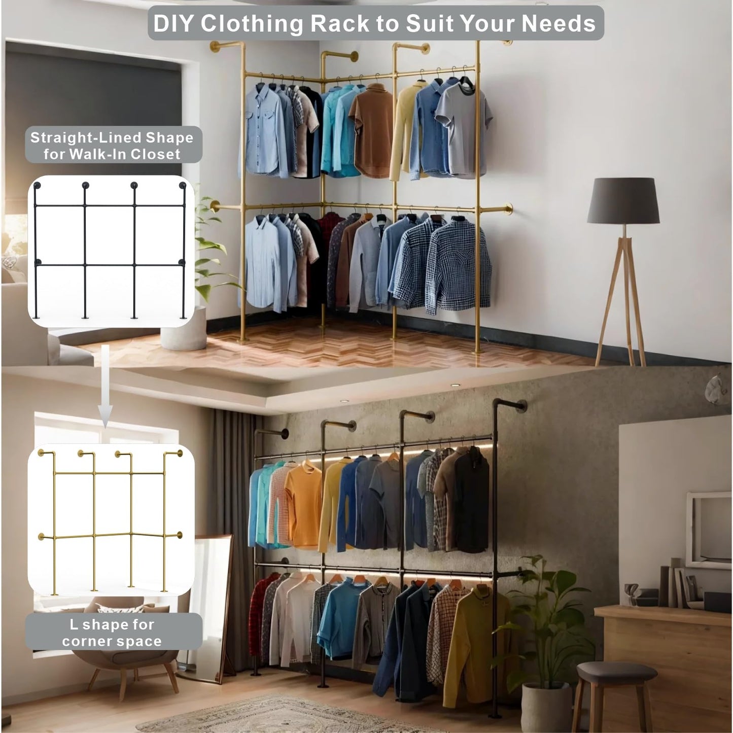 KADIGANG Industrial Pipe Black Clothing Racks Wall Mounted, Rustic Industrial Pipe Clothes Rack Design - Stylish & Heavy Duty Corner Garment Racks, Perfect for Home or Retail Display