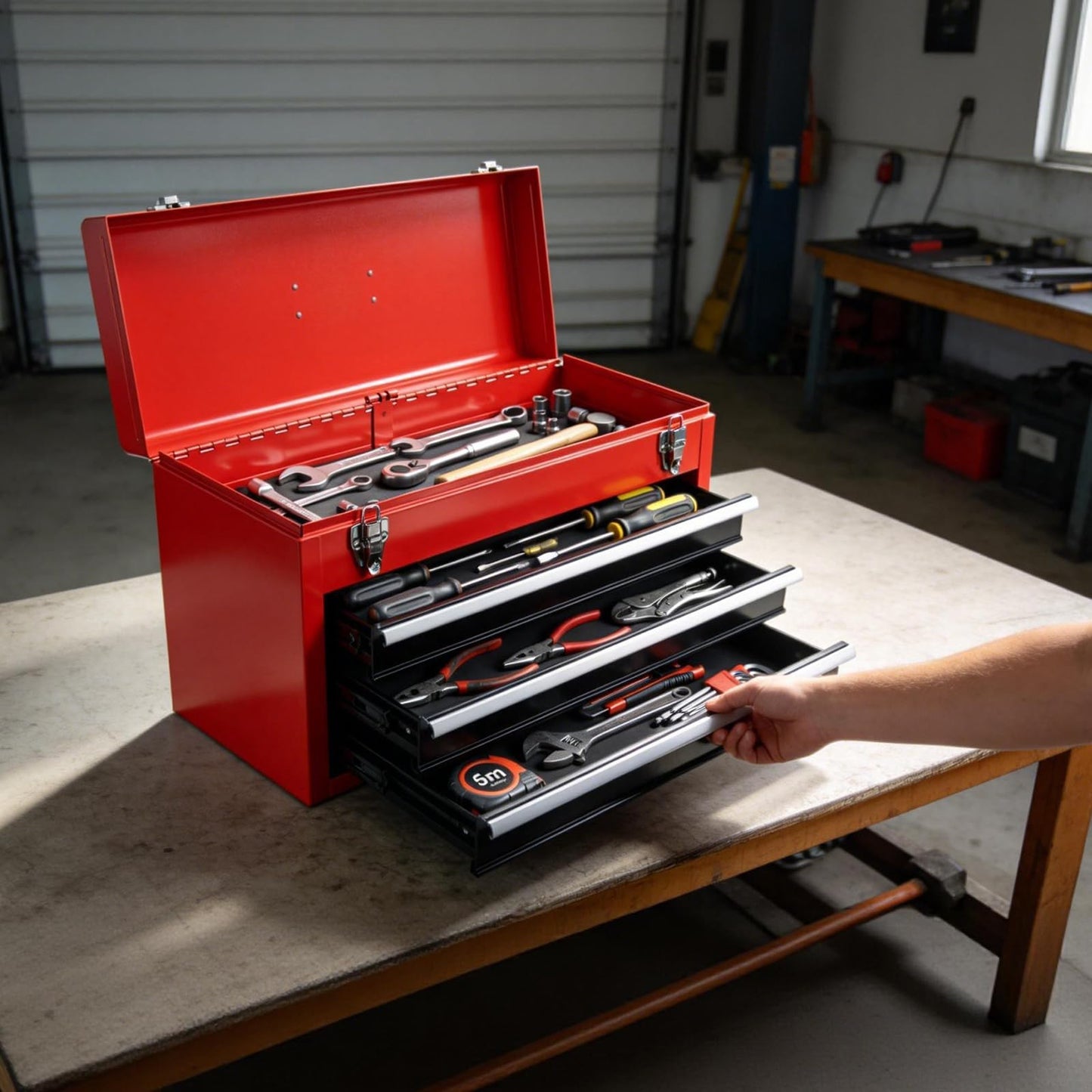 BIG RED Metal Tool Box, 20.5-inch, Portable Metal Tool Box with 4 Drawers, Small Tool Chest with EVA Liners, Ball Bearing Slide Drawers Locking & Powder Coated Finish, Multi-Function Tool Organizer