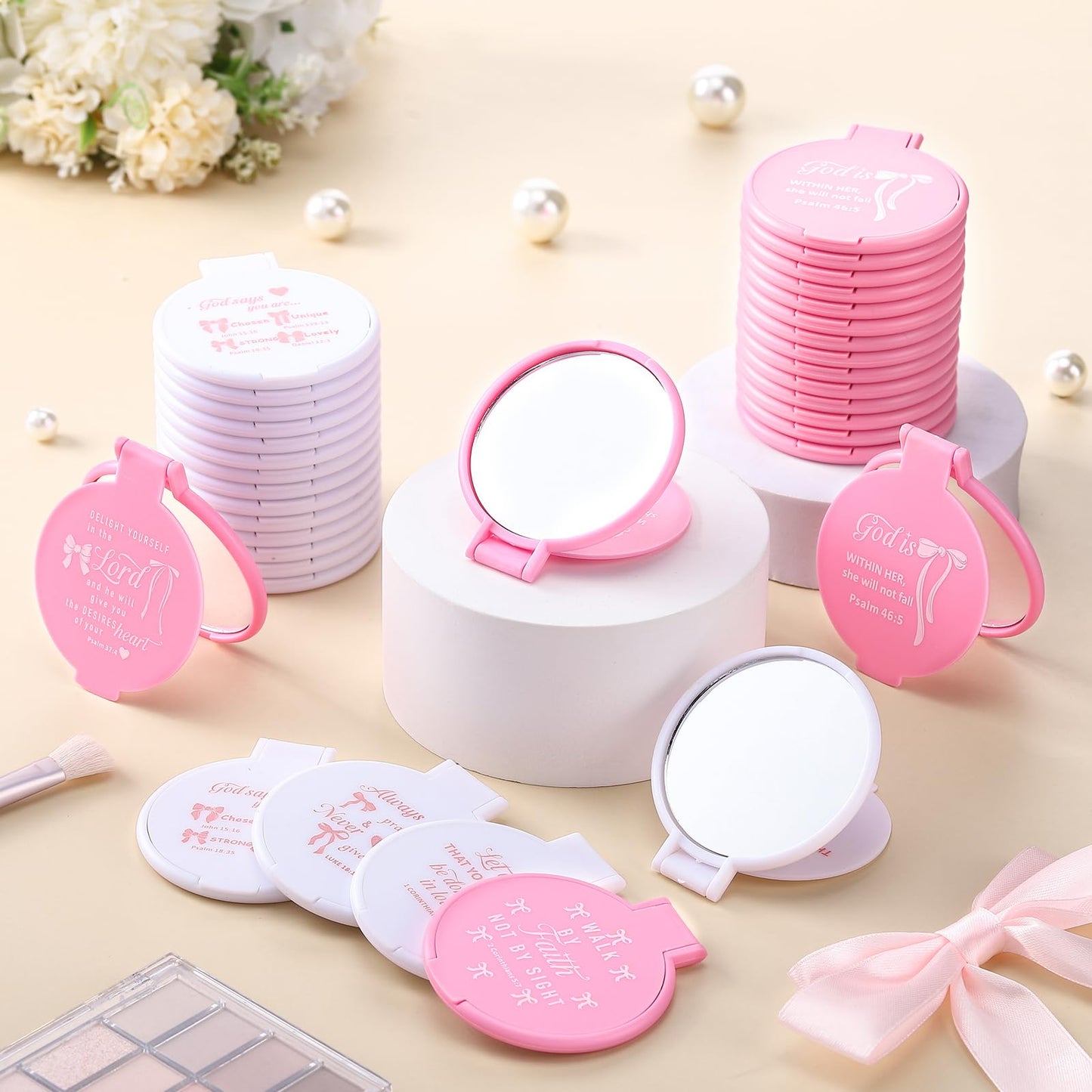 Namalu 36 Pcs Pink Bow Christian Compact Mirrors Bible Verse Mini Mirrors Pink Party Favors Coquette Gift Bulk Makeup Pocket Mirror Inspirational Christian Religious Gifts for Mother Women Church