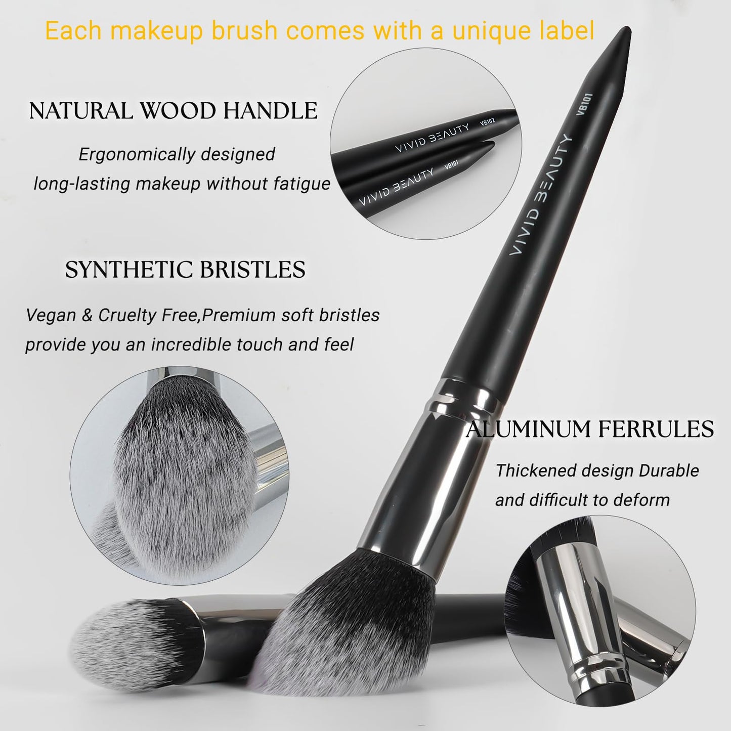 VIVID BEAUTY 18 Pcs Pro Deluxe Makeup Brushes with Travel Case, Premium Powder Foundation Blending Concealer Blush Eyeshadow Face and Eye Make up Brush kit with labels for Beginner(Black)