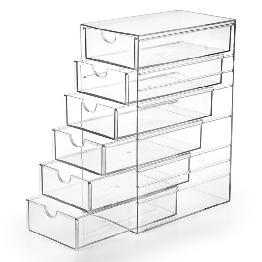Hipiwe Plastic Drawer Organizer Clear Desktop Drawers Box with 6 Pull Out Drawer Compact Storage Box for Cabinet Vanity Bathroom Bedroom Pantry Shelf Office Closet Organization