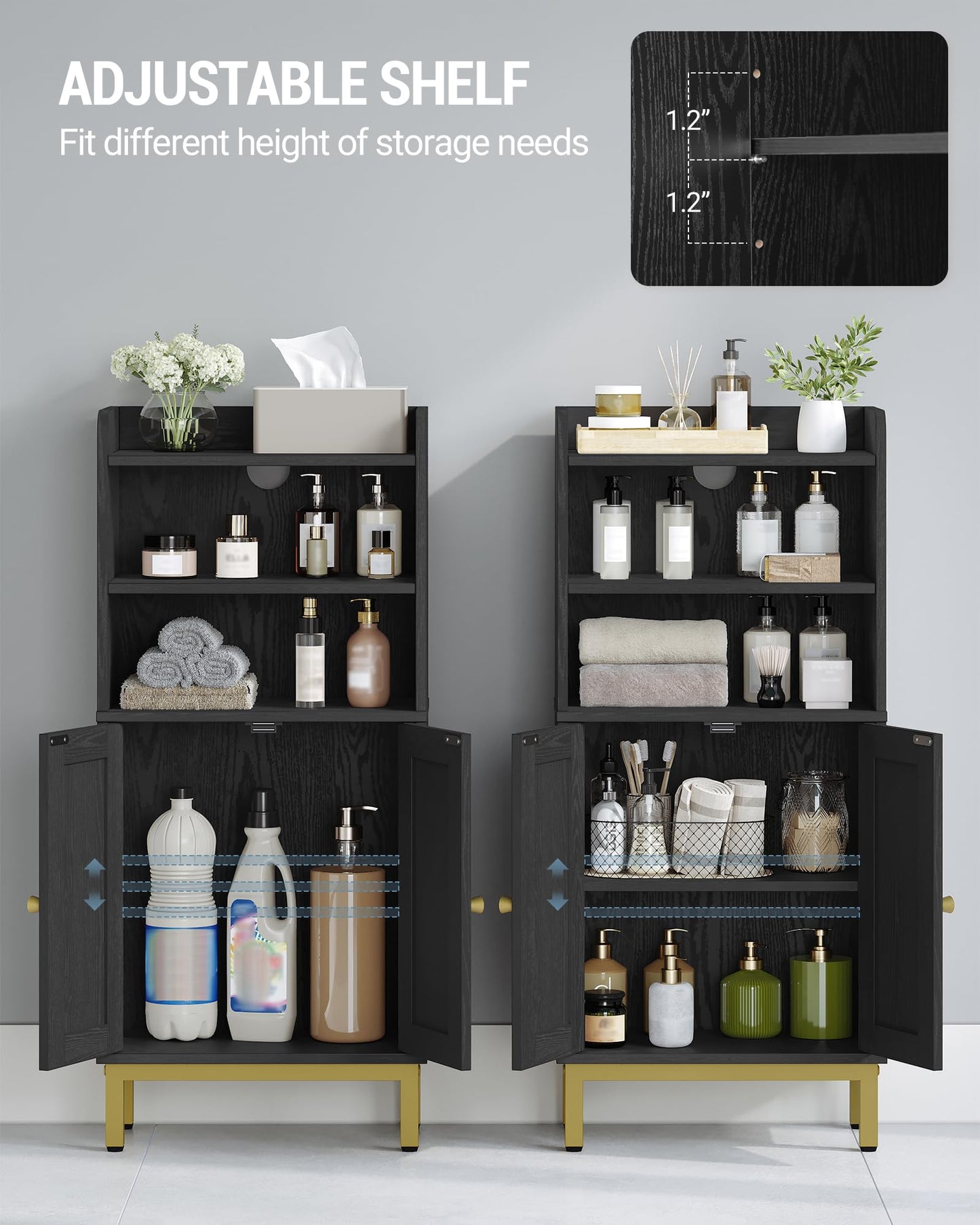 Hzuaneri Bathroom Storage Cabinet, Small Floor Cabinet with 2 Door and Shelves, Toilet Paper Cabinets, Bathroom Organizer with Adjustable Shelf, for Small Spaces Black,Square Door,7.1" Dx14.6 Wx32.7 H