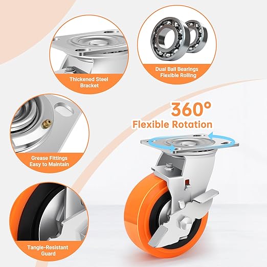 5 Inch Heavy Duty Casters - Industrial Casters with Upgraded Thickened Bracket Set of 4, Polyurethane Wheel Capacity up to 3500 lbs, Plate Swivel Caster Use for Indoor and Outdoor(4 Brake)