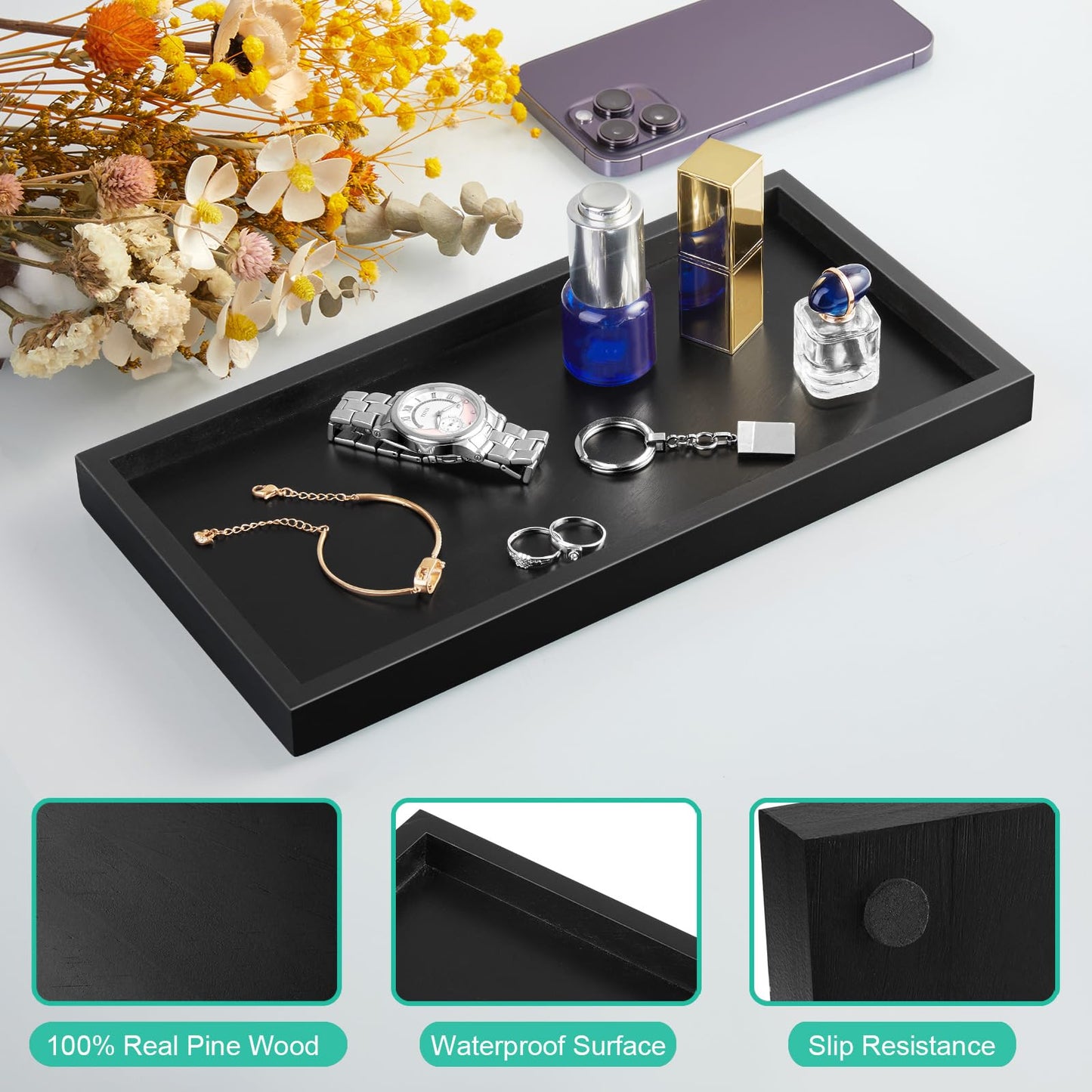 ALELION 11.7" Bathroom Vanity Tray for Counter - Black Wood Decorative Tray for Toilet Tank Makeup Perfume Jewelry Catchall Coffee Table - Wooden Kitchen Countertop Organizer for Soap Dispenser