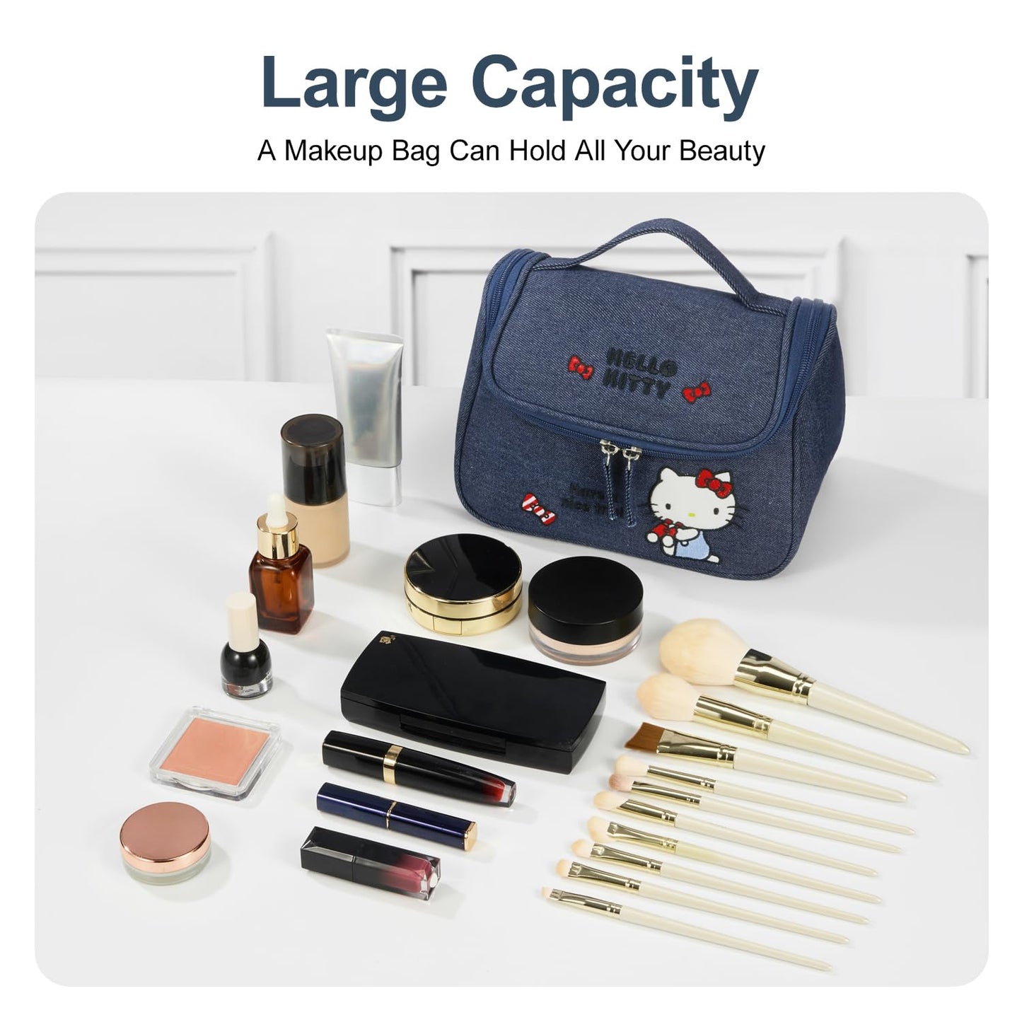AmBealla Makeup Bag Large Denim Cosmetic Bags,Cute Embroidered Makeup Organizer for Women Traveling,Portable Toiletry Bag for Girls