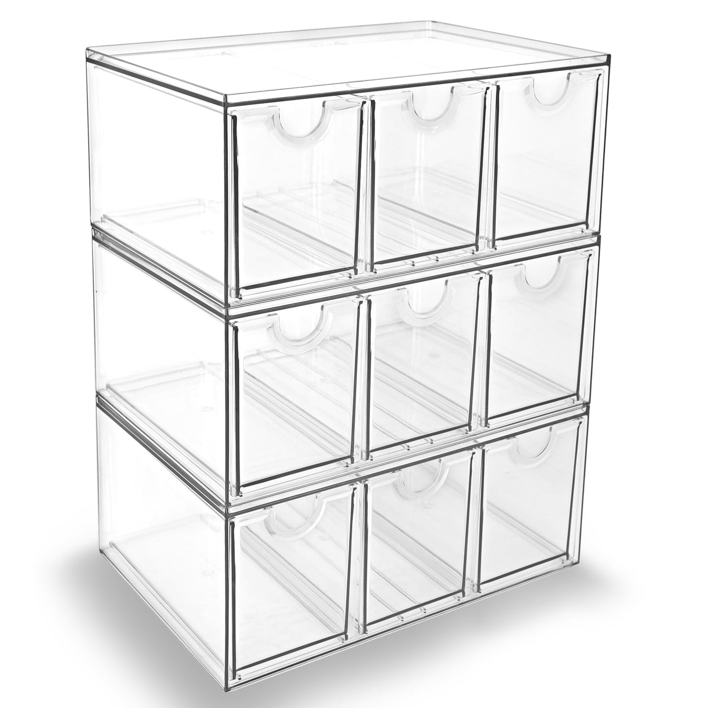 Prsildan Acrylic Makeup Organizer, 3 Pack Stackable Storage Drawers with 9 Drawers for Office Desk Vanity Craft Room Clear Drawer Organizers for Hair Accessories Art Supplies Cosmetics Modular System
