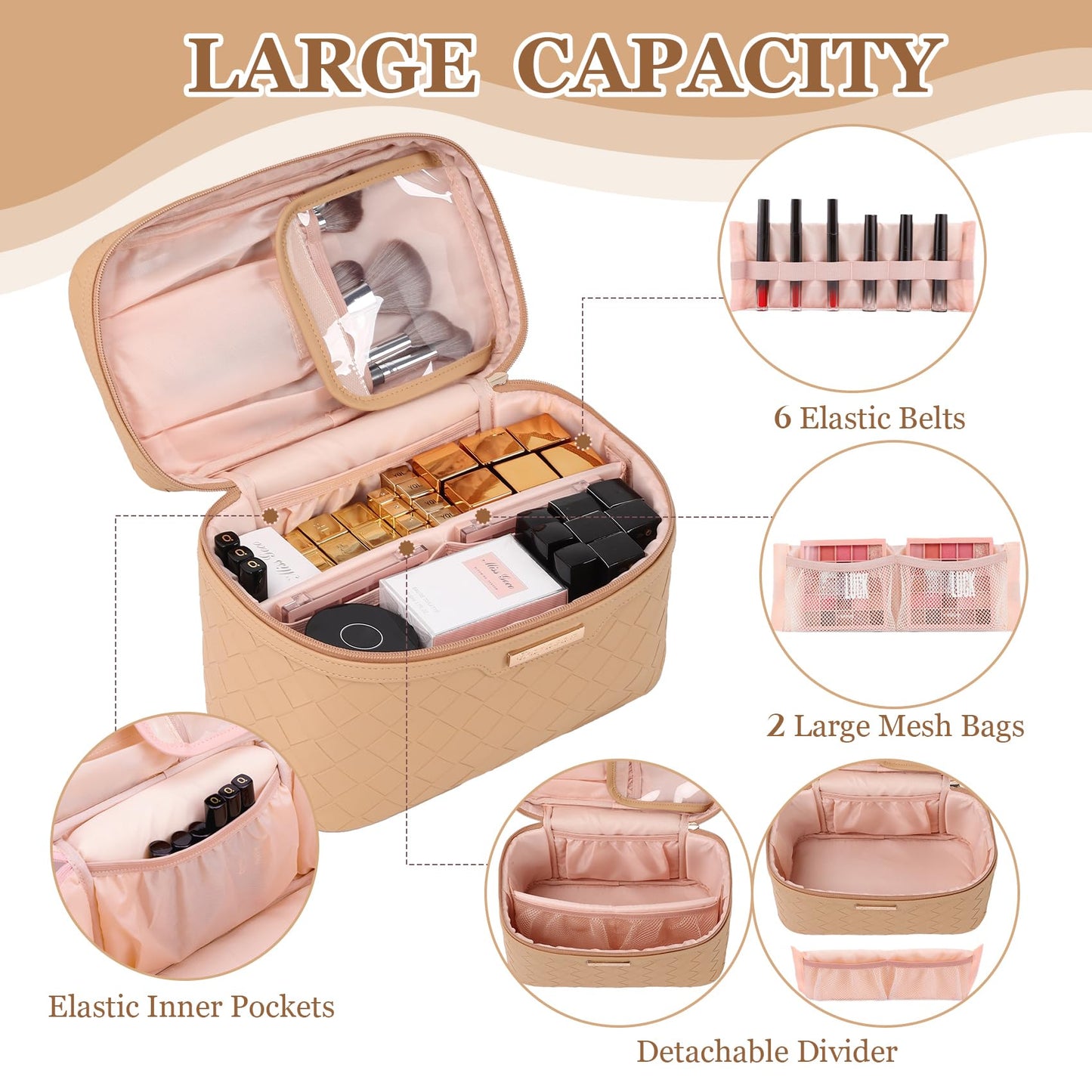 Dajasan Makeup Bag Cosmetic Bag, Travel Makeup Bag, Large Capacity Makeup Organizer Bag, Portable Travel Toiletry Bag for Women Girls, PU Leather Waterproof 11.81 x 6.7 x 7.09 Inch (Khaki)