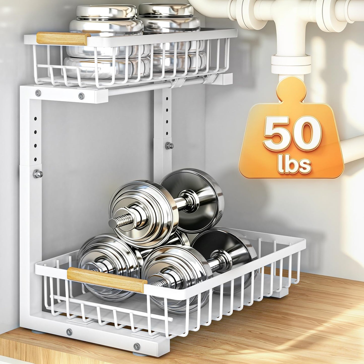 REALINN Under Sink Organizer, 2 Pack Height Adjustable Under Sink Organizers and Storage, 2 Tier Pull Out Drawer Cabinet Storage for Kitchen Bathroom, White