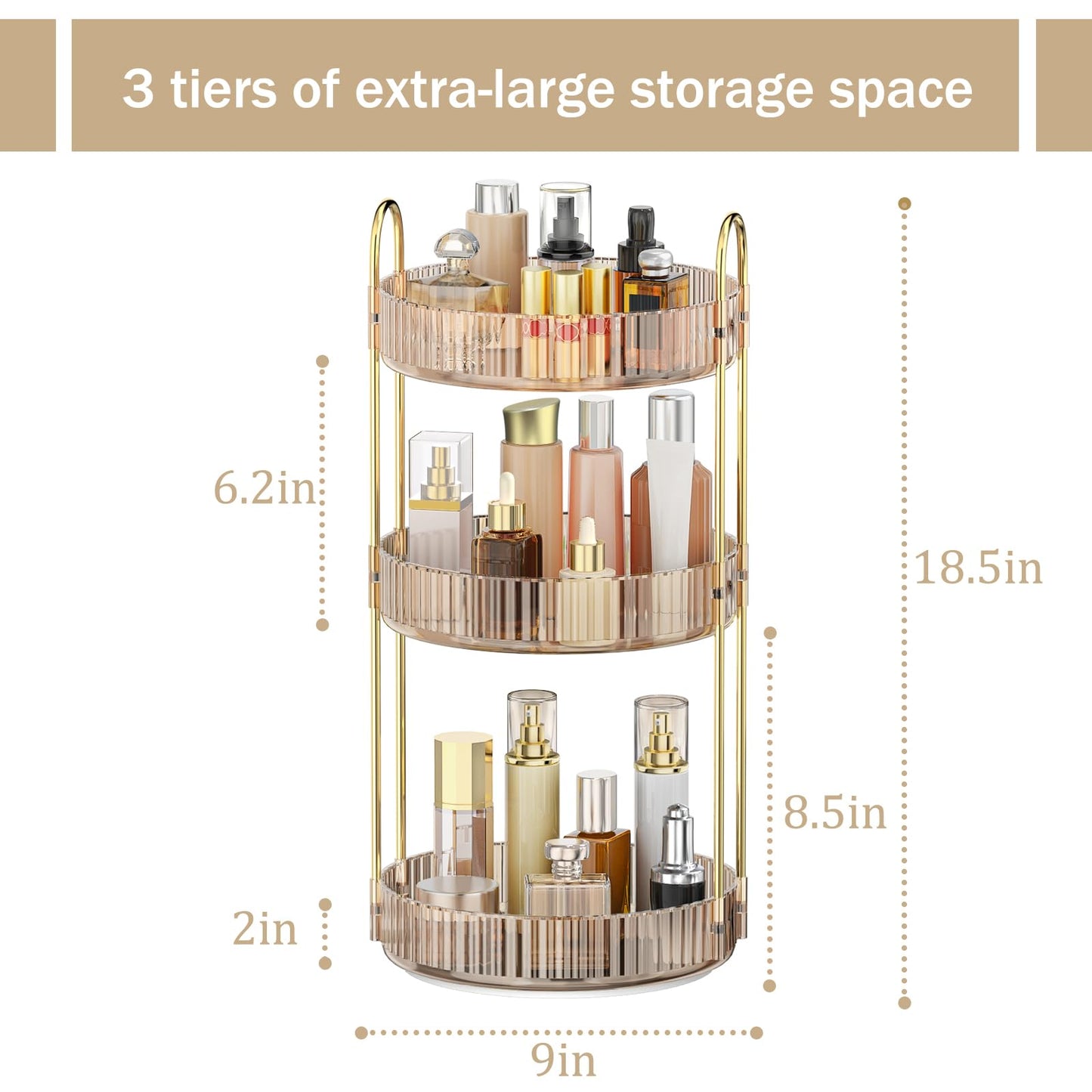MOKANI 360 Rotating Makeup Organizer for Vanity, 3 Tier Adjustable Perfume Organizer for Dresser, Multi-Function Spinning Cosmetics Skincare Storage for Bedroom, Dresser, Countertop, Amber