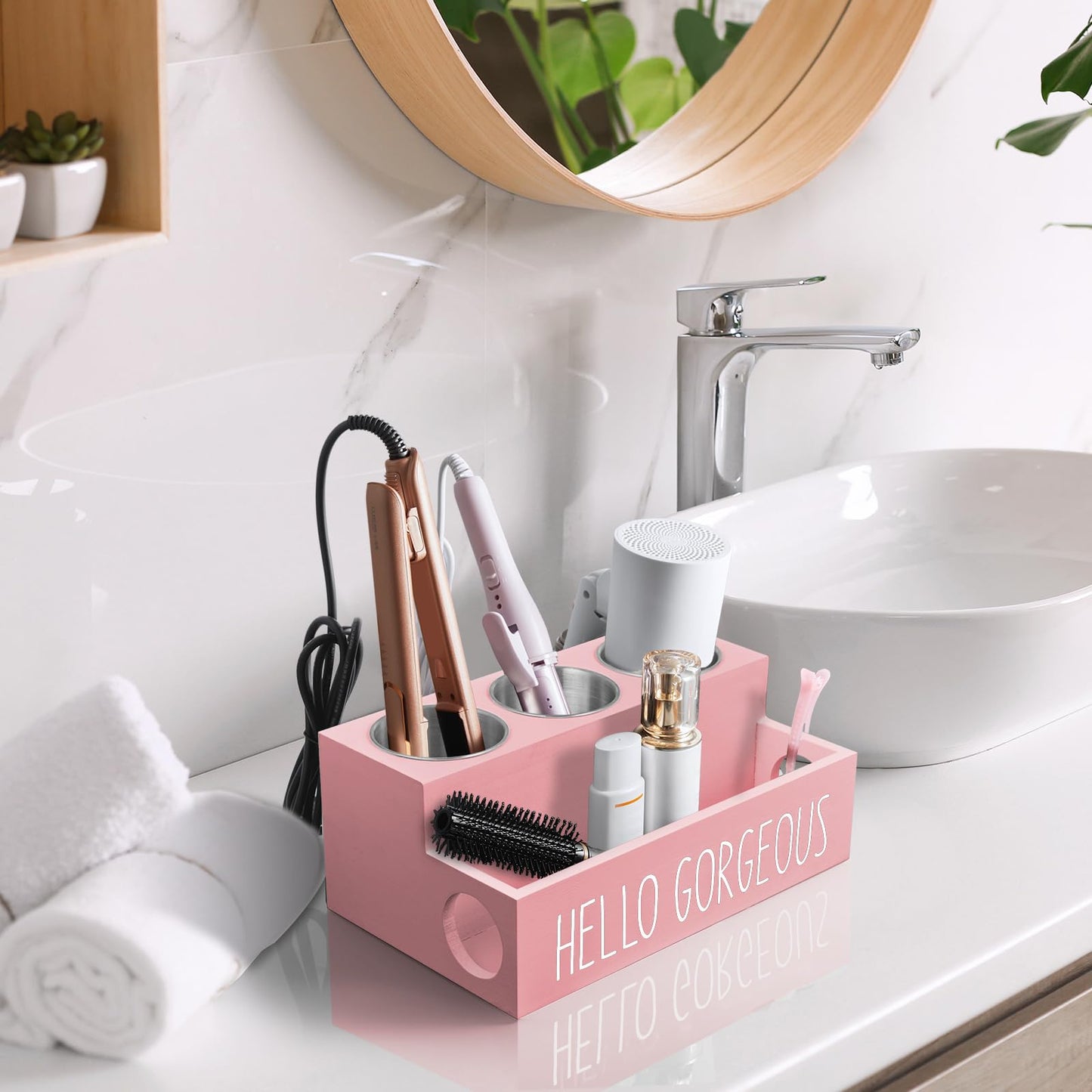 Bivvclaz Hair Tool Organizer, Wooden Hair Dryer Holder Countertop, Wall Mount Hot Tools Organizer for Hair Styling Accessories, Bathroom Supplies Vanity Caddy for Curling Wand, Blow Dryer, Pink