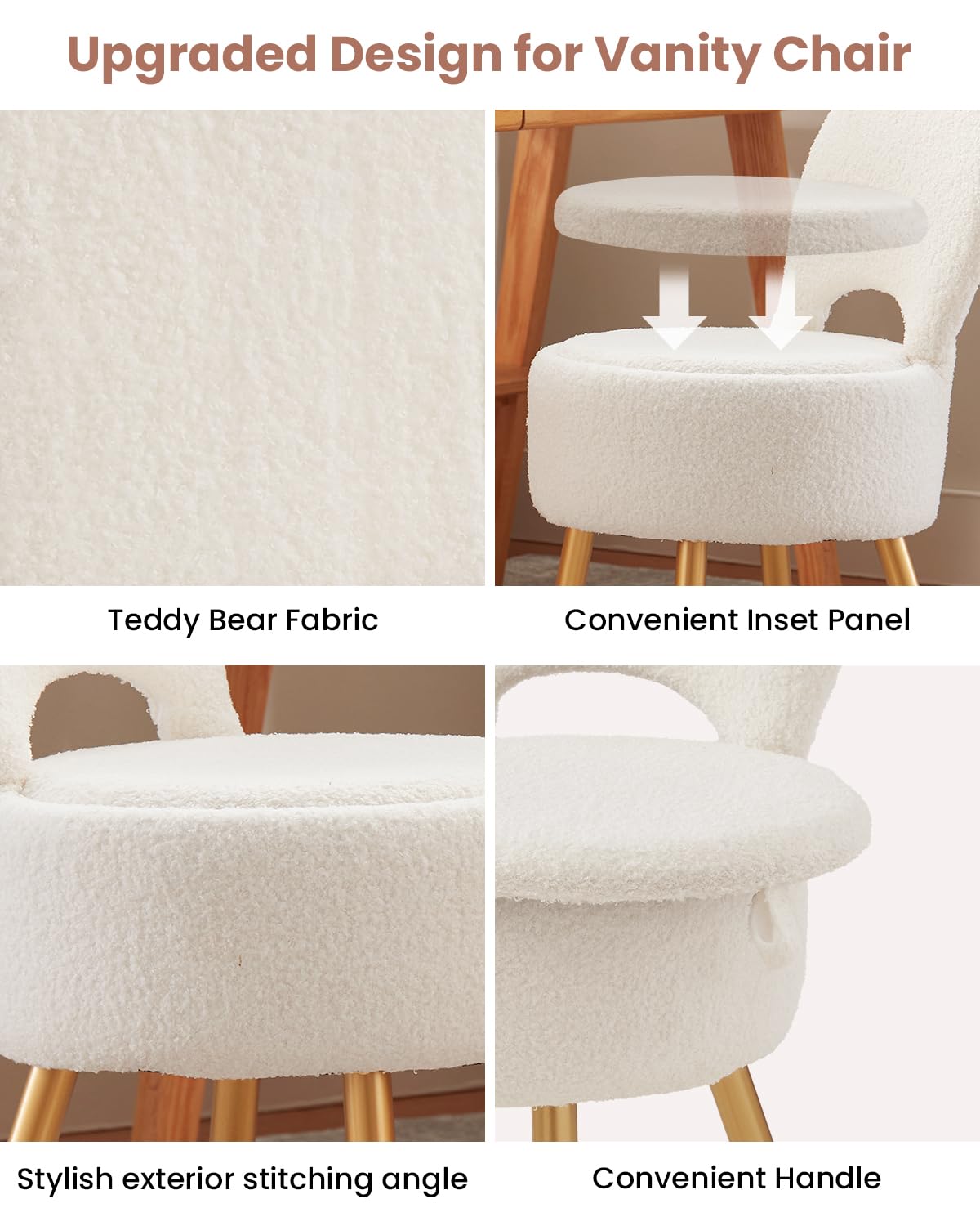 ZYKZYK Vanity Chair, Vanity Stool with Storage and Folding Back,4 Metal Legs with Anti-Slip Feet,Round Ottoman with Velvet Seat, Furry Padded Seat for Makeup, Bedroom (Black, Small)