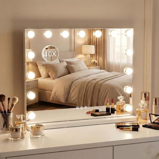 Puranex Makeup Vanity Mirror with 15 Dimmable LED Bulbs，23"x18" Large Vanity Mirror with 3 Color Lights，Detachable 10X Magnifying Mirror，White Vanity Lighted Mirror for Tabletop and Wall Mounted