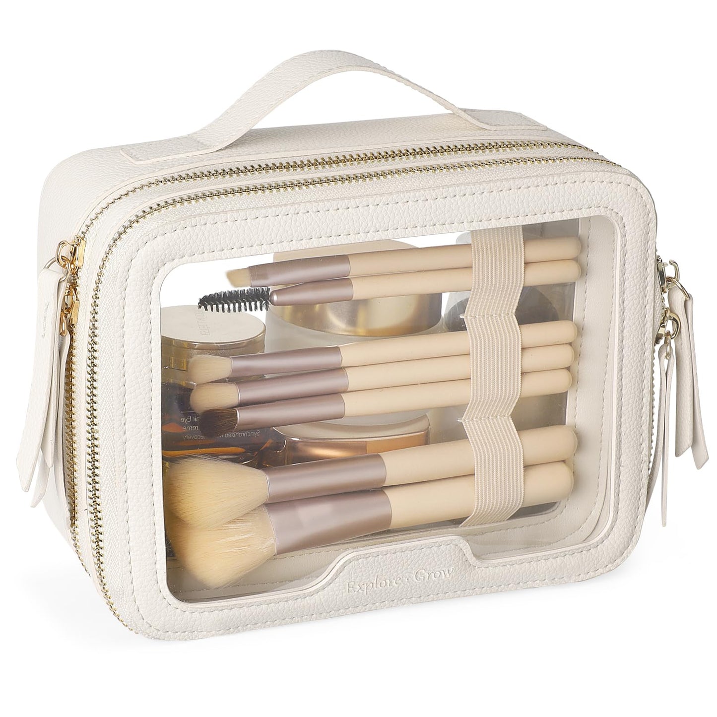 PACKISM Double Layer Clear Makeup Bag - Pebbled Texture & Hard PU Leather Car Bag Organizer for Car Essentials, with Message Card Travel Cosmetic Bag for Women Gift (Cream 2 Layer)