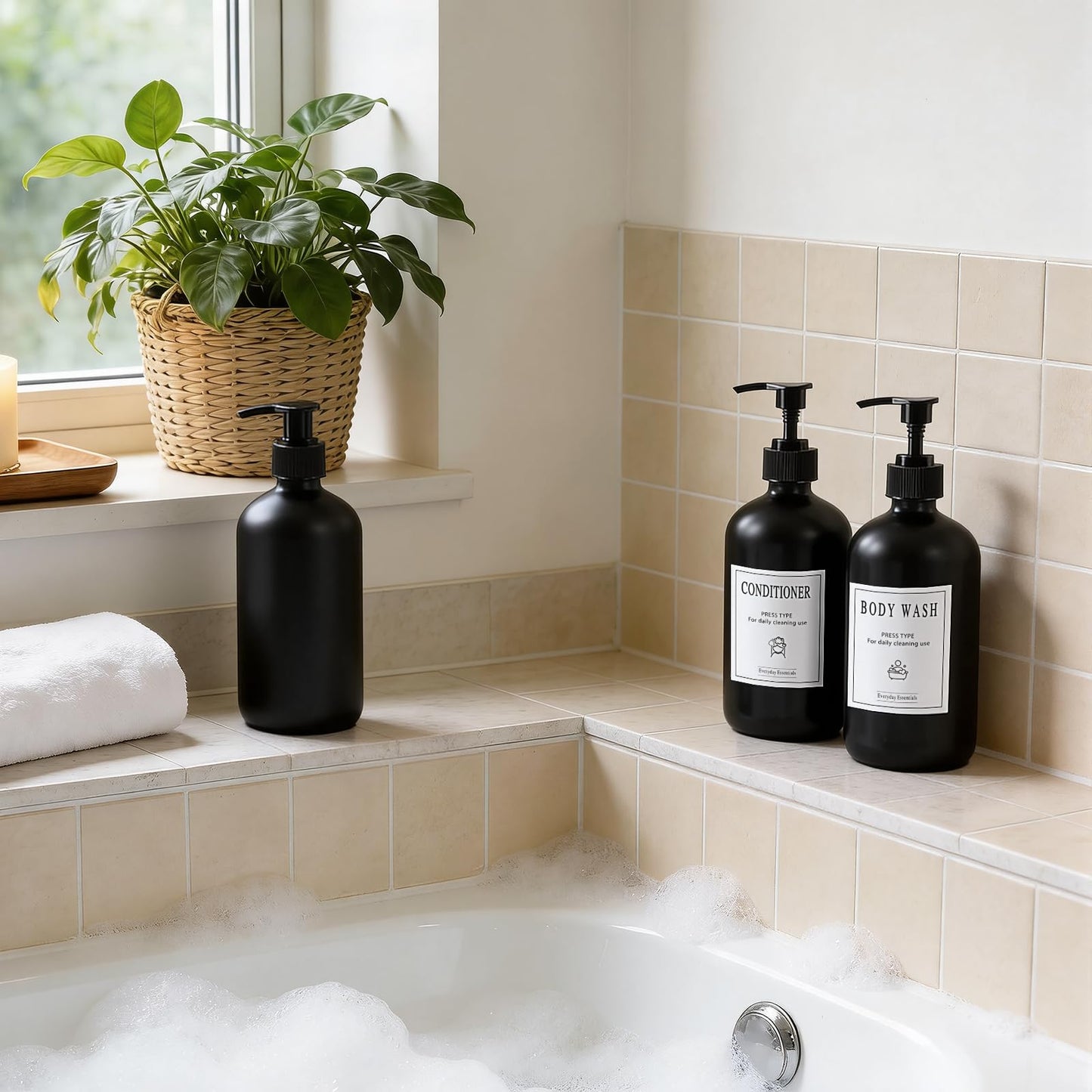 TBWIND 12 Pack 16oz Black Glass Soap Dispenser Bottles with Pumps, Refillable Glass Bottles for Shampoo, Conditioner & Lotion, Ideal for Bathroom, Kitchen, Waterproof Labels & Funnels Included