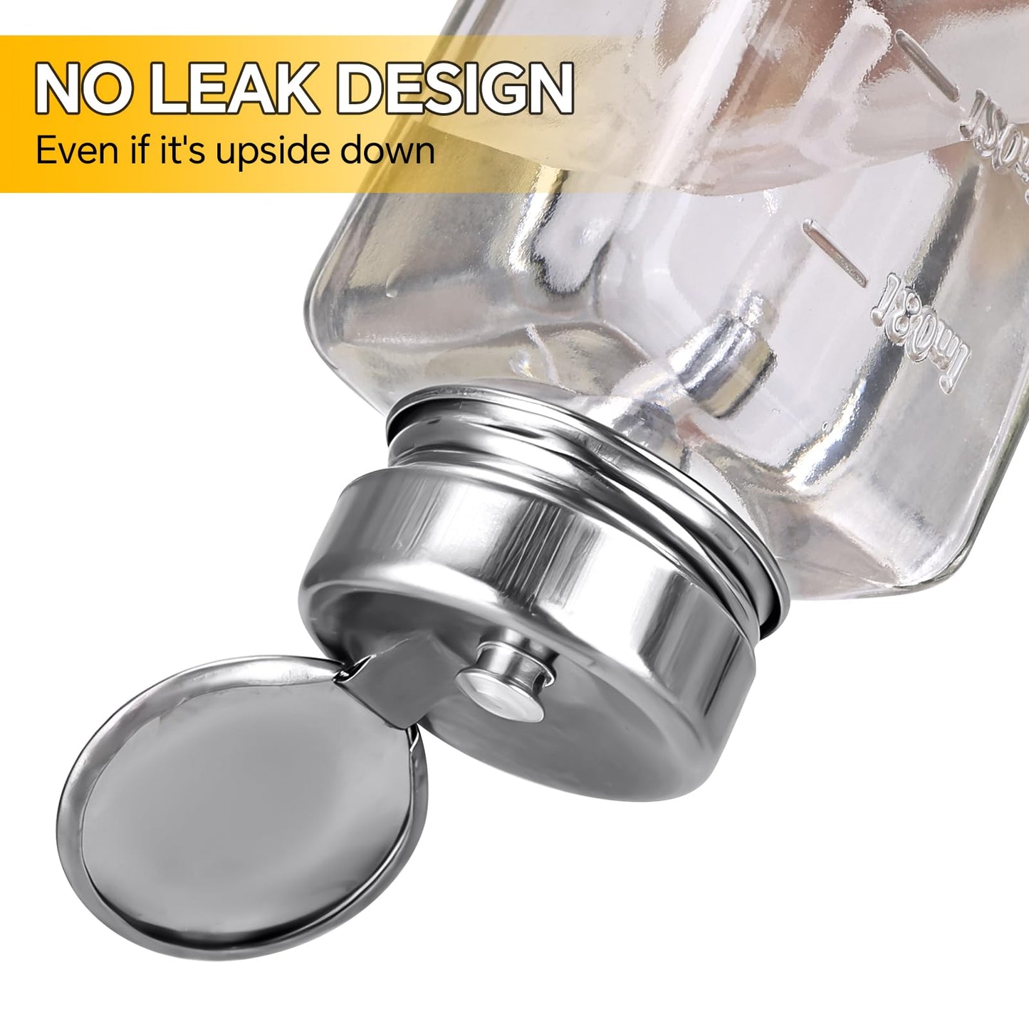 2 Pcs Clear Pump Dispenser Bottles (180ml/6Oz + 100ml), Glass Push Down Liquid Dispenser with Metal Flip Cover, Refillable Press Container for Nail Polish Remover, Makeup Remover & Lotion