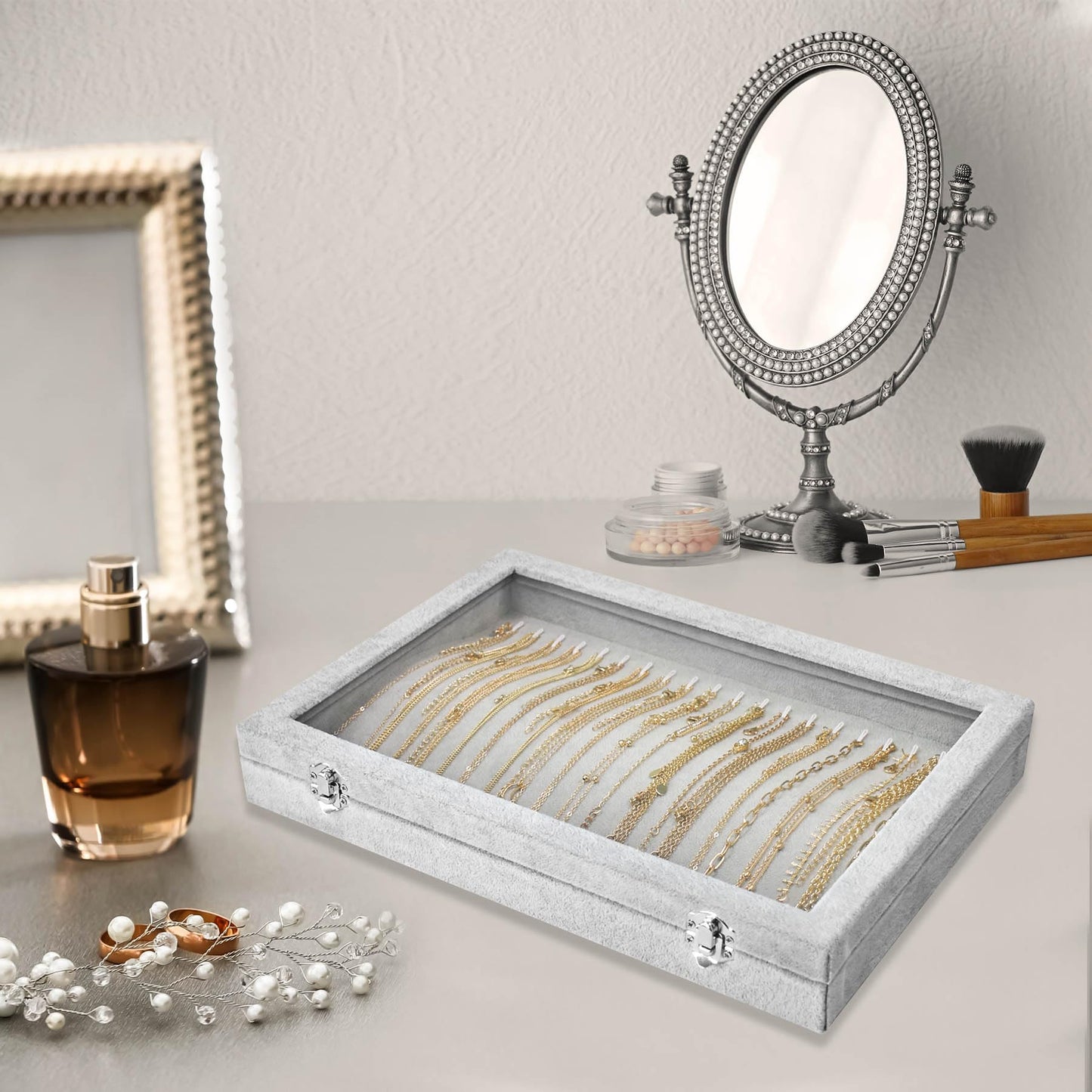 Bivisen Necklace Organizer Box with Clear Lid Velvet Tray for Jewelry Storage Display Case, 20 Hooks Glass Top Drawer Insert Necklaces Pendants Dustproof Necklace Jewelry Box Organizer & Tray (Grey)