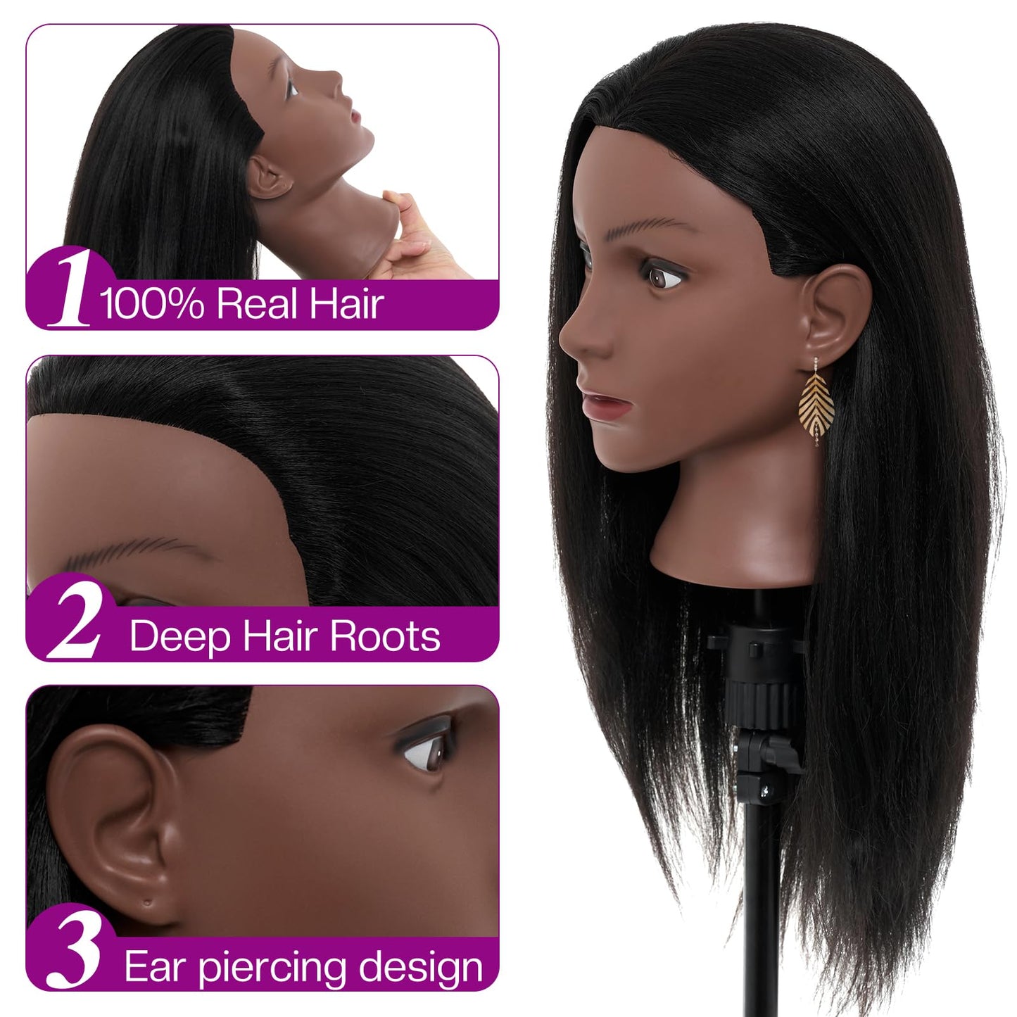 20-22" Mannequin Head,100% Real Human Hair Mannequin Head, Braiding Cosmetology Manikin Doll Head for Hair Styling Training with Table Clamp,Braiding Set(Light brown) Hair Extensions