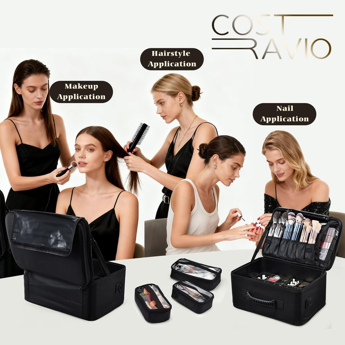 Costravio Makeup Bag Organizer Large Makeup Case Backpack Professional 2 Layers Cosmetic Storage Organizer Brush Slot with 3 Clear Set Bags for Makeup Artists with Shoulder Strap Adjustable Dividers