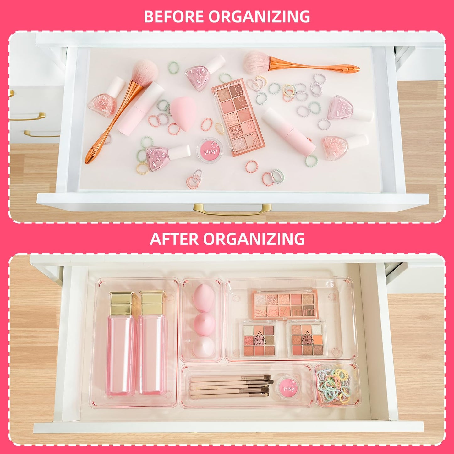 Trotianingyu Kitchen Desk Drawer Organizers Storage for Office, Small Acrylic Vanity Trays Makeup Organizer for Drawer Bathroom Plastic Make up Organizers 25 Pcs Pink