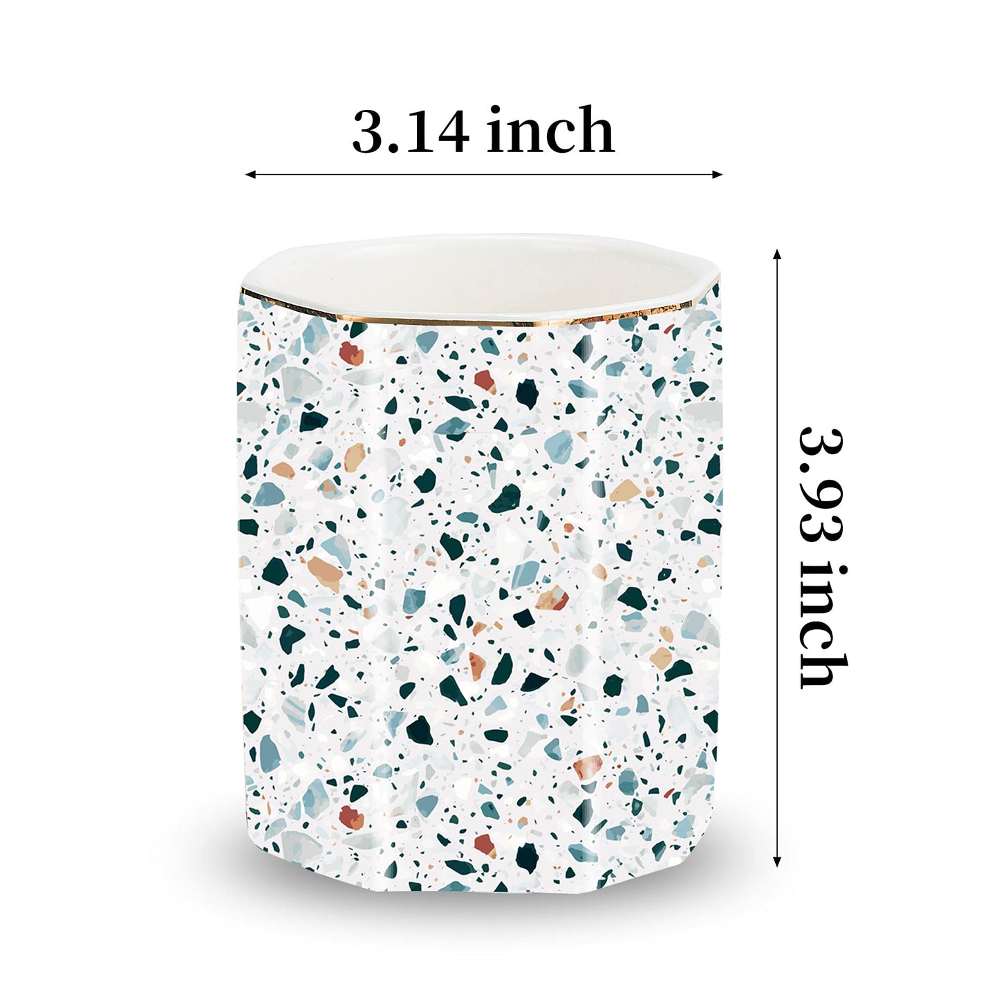 LEAZUL Pen Holder, Makeup Brush Holder Ceramic Shiny Gold Terrazzo Marble Stone Pattern Pencil Cup for Girls Kids Women Durable Stand Desk Organizer Storage Gift for Office, Classroom, Home Light Blue
