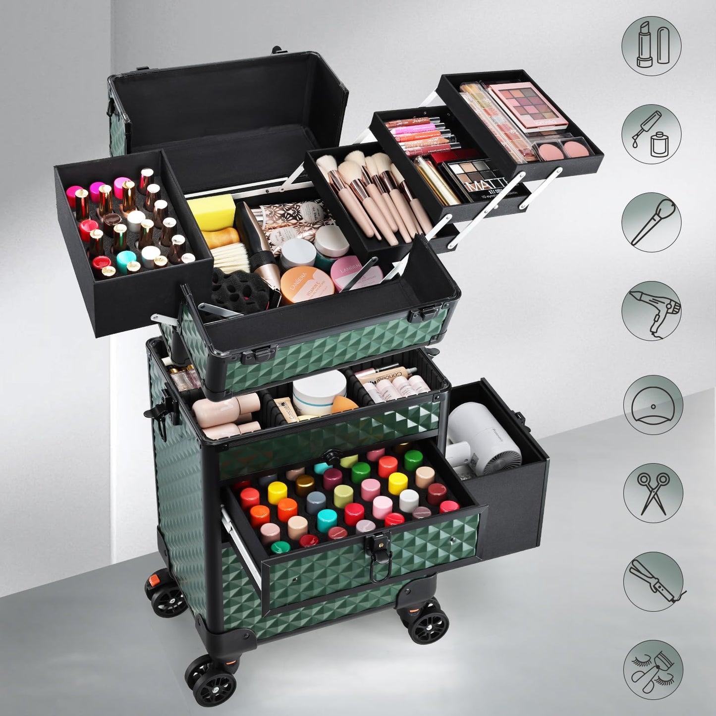 Joligrace Rolling Makeup Case with Drawers - Tattoo Storage Organizer Travel Cart for Nail Tech, Cosmetology, Barber Tools - Portable Suitcase on Wheels Dark Green