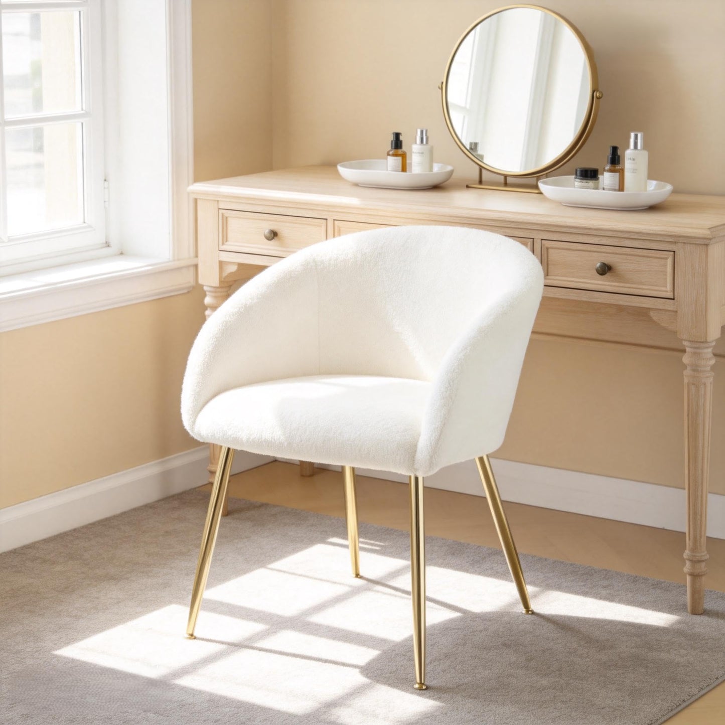 YDcosyfy Modern Small Accent Chair, Comfy Sherpa Makeup Vanity Chair with Golden Metal Legs, Decorative Chair no Wheels for Living Room, Dressing Room, Bedroom, White