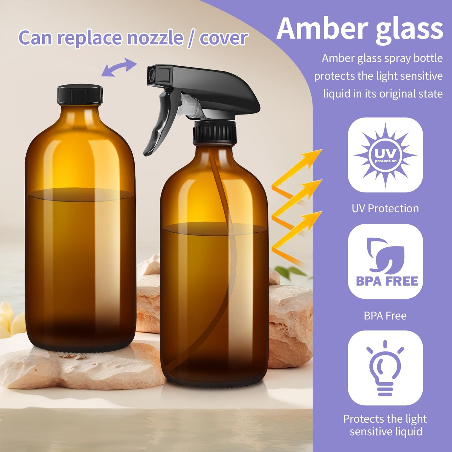 sietpoek 9 Pack Glass Spray Bottle 16oz, Empty Amber Spray Bottle Refillable Container for Essential Oils,Cleaning Products,Aromatherapy spray device
