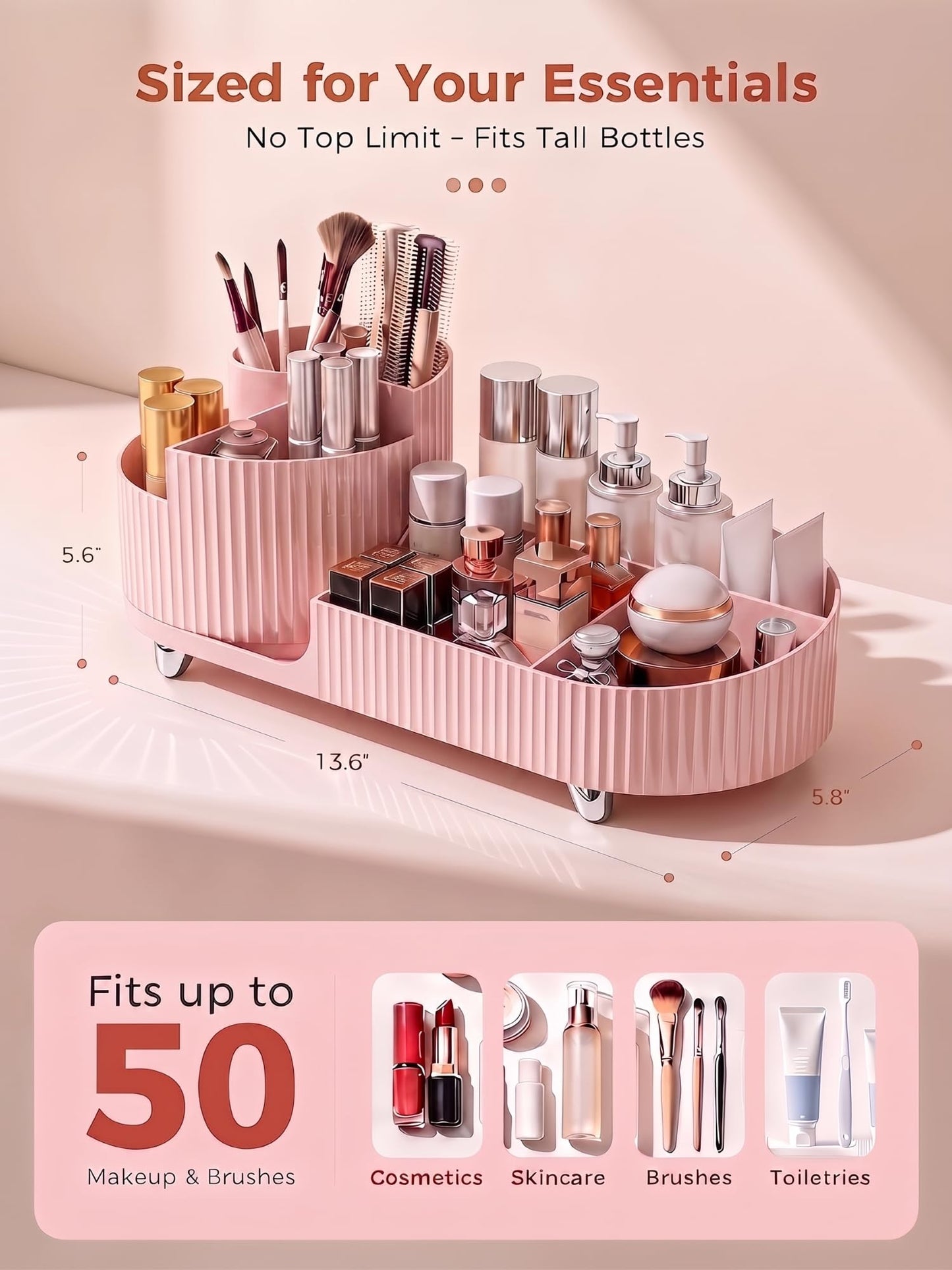 Booklov Rotating Makeup Caddy Organizer for Vanity, Large Capacity Cosmetic Display Case, Countertop Beauty Storage Holder for Skincare, Brush Eyeshadow Lipstick, Counter Desk Organization, Pink