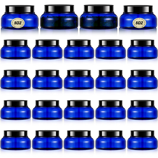 Tessco for you 24 Pack Plastic Jars with Lids Labels Multiuse Slime Containers Empty Body Scrub Jars Round Refillable Cosmetic Body Butter Container for Makeup (5 oz,Blue,Black)
