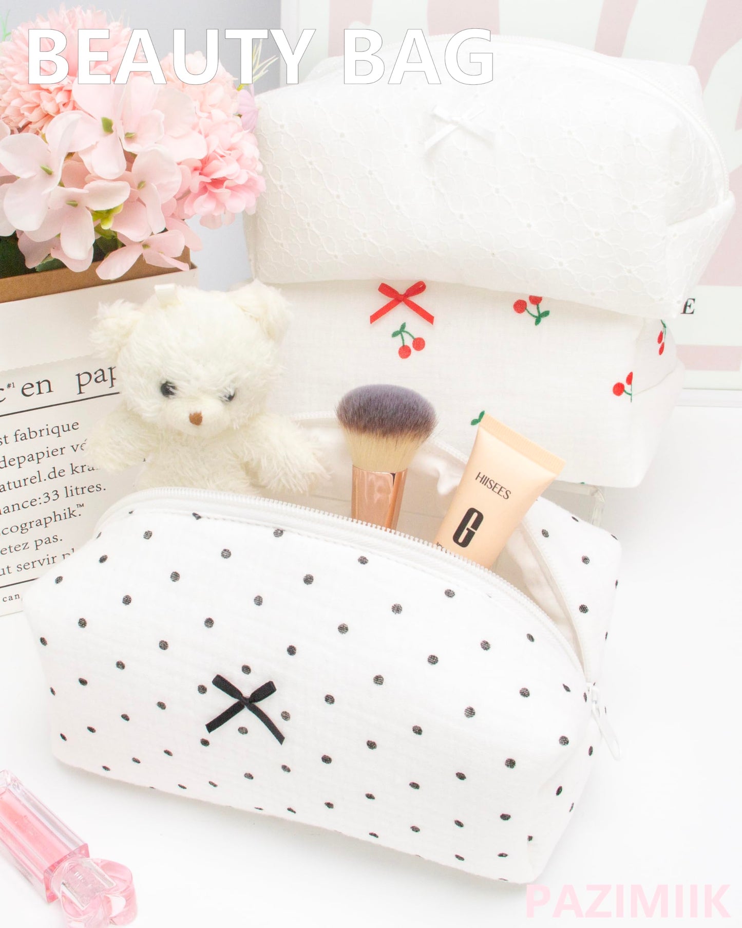 PAZIMIIK 6PCS Cozy Makeup Bag Small Aesthetic Travel Zipper Cosmetic Pouch for Women Make Up Beauty Accessories Brushes,Polka Dot