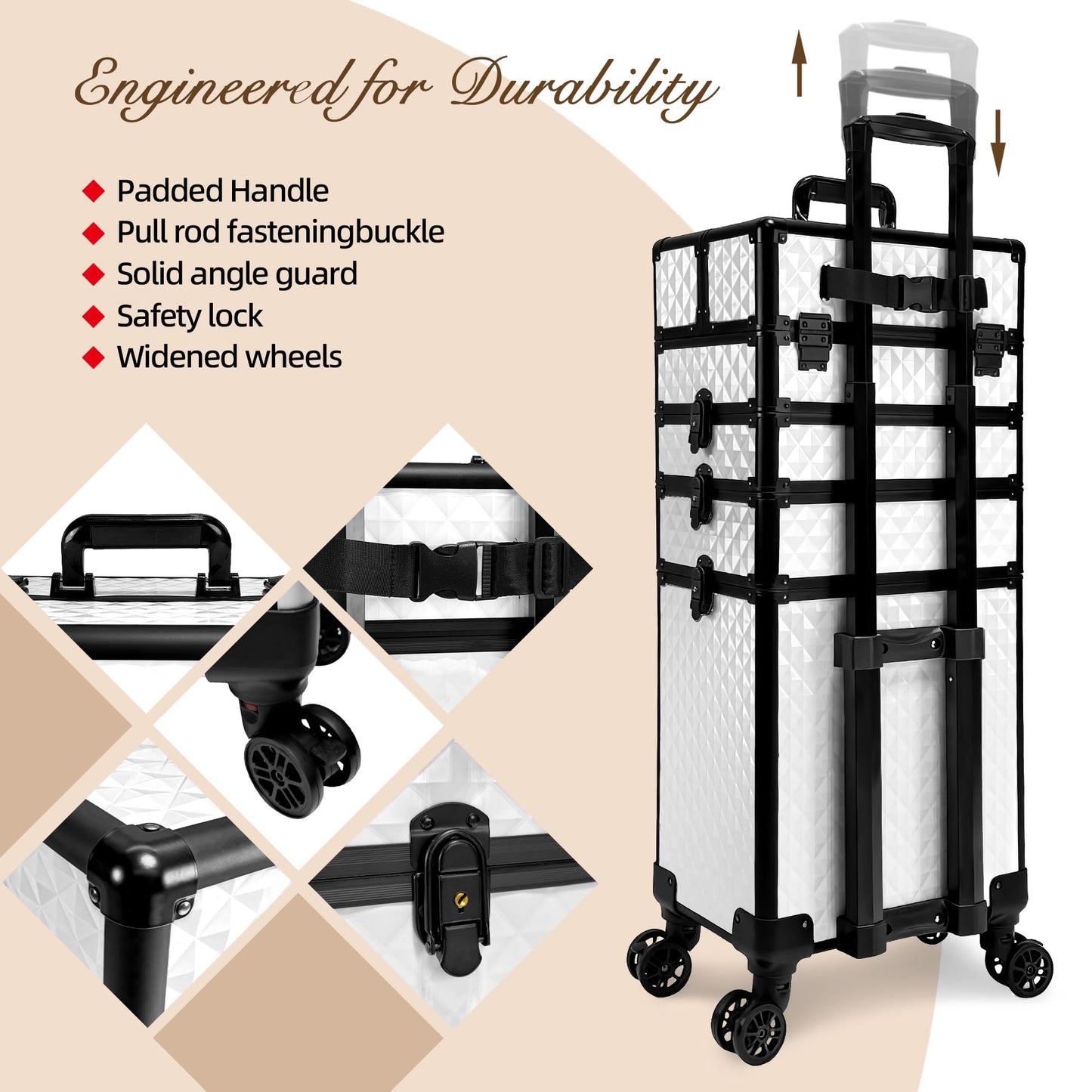 Buanson 5 in 1 Rolling Makeup Train Case on Wheels Large Cosmetic Organizer Travel Cart for Women Beauty Salon Barber Hairstylist White