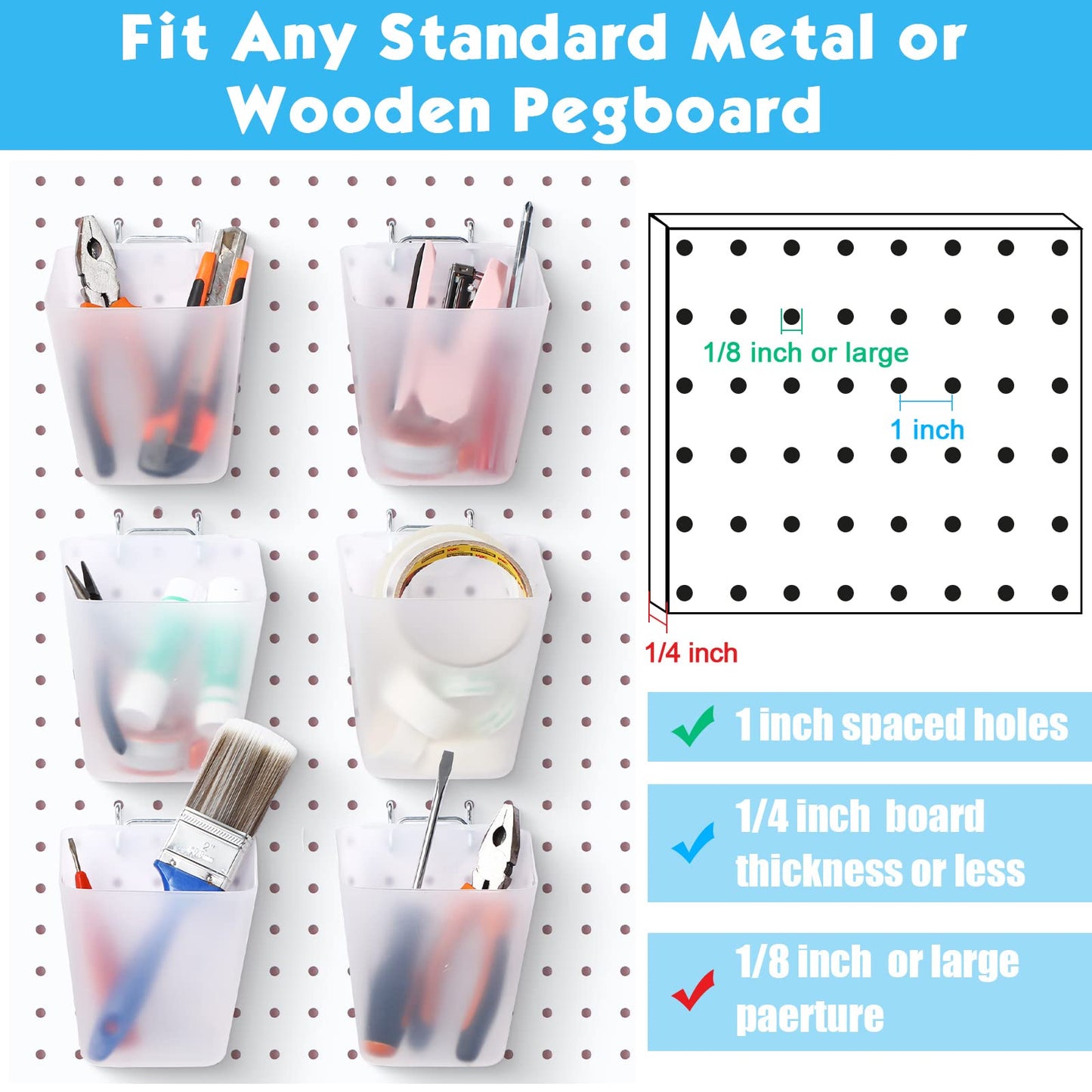 Namalu 12 Pack Pegboard Storage Bins with Labels and Hooks Bulk Peg Board Organizer Accessories Hanging Cup Organizer Pegboard Cup Holder(Transparent)