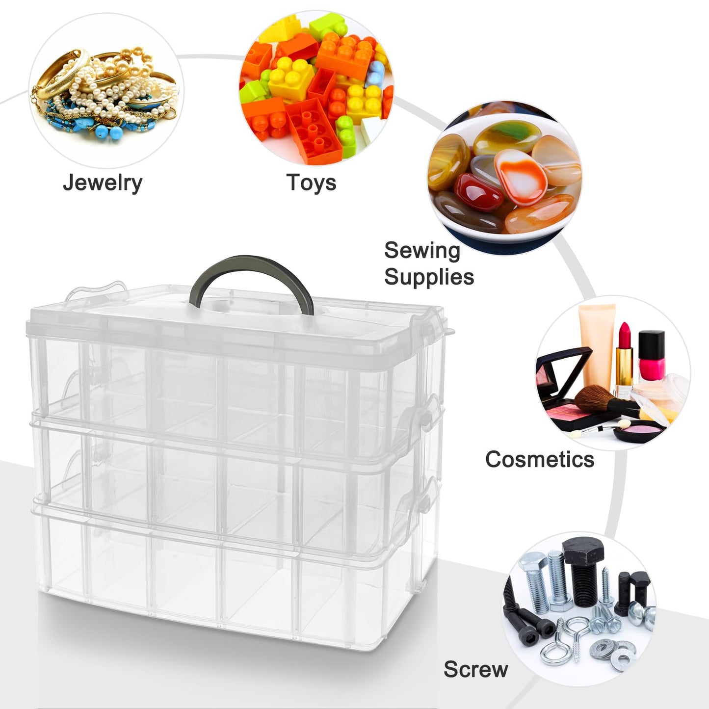Guyuyii 3-Tier Stackable Bead Organizer with Adjustable Dividers and Handle