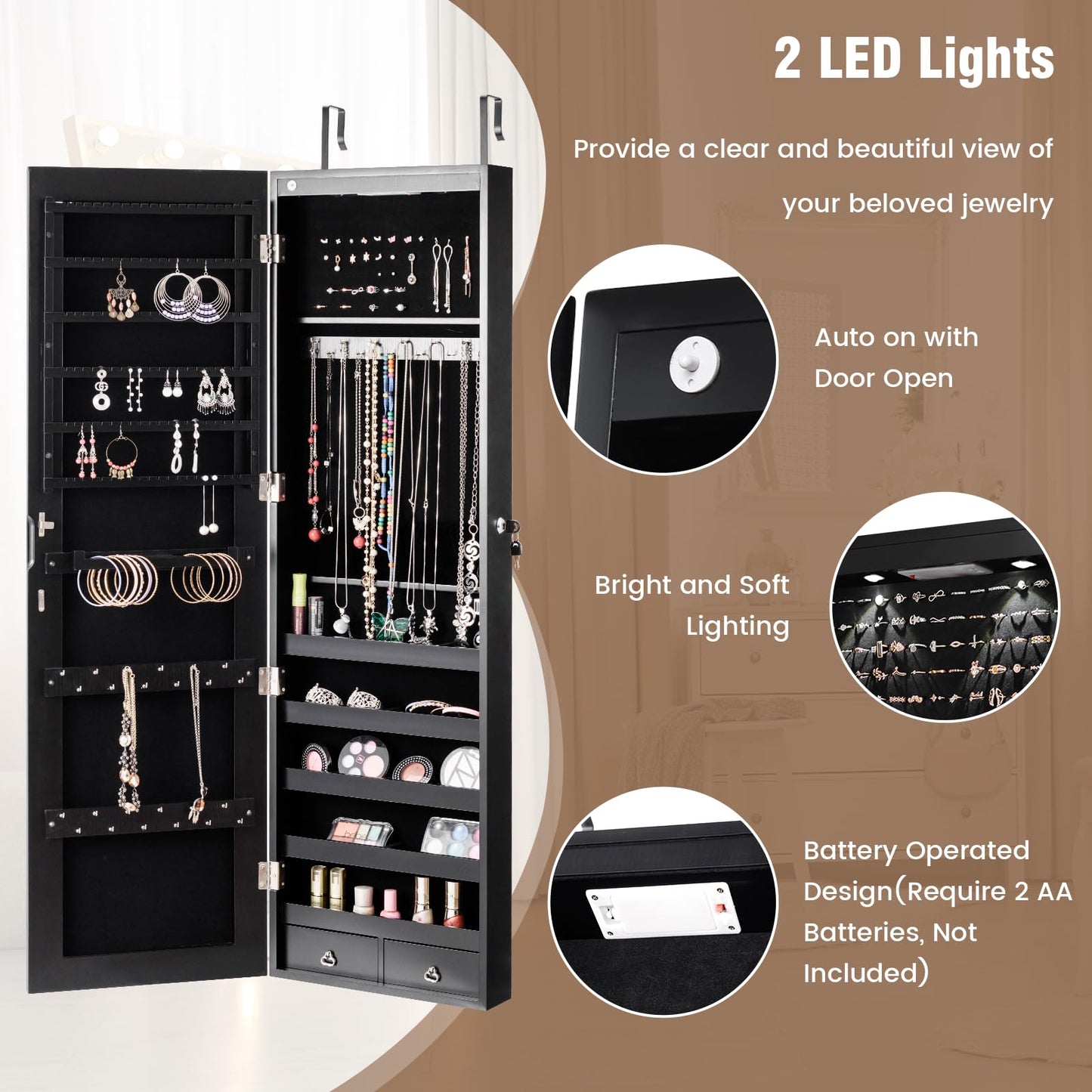 HAPPYGRILL Over the Door Jewelry Organizer, Hanging Jewelry Storage Cabinet w/Full-Length, Inner Makeup Mirror, Earring Shelves, Ring Slots, 25 Necklace Hooks, Wall Mounted Jewelry Armoire for Women