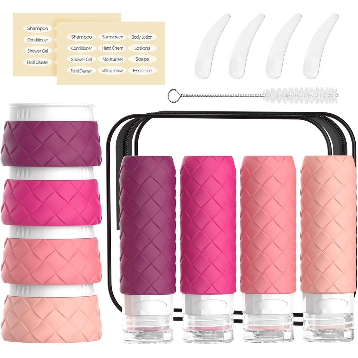 16 Pack Travel Bottles for Toiletries, TSA Approved Travel Size Toiletries Containers Set BPA-Free Silicone Leak Proof Refillable Bottles Stackable Creams Jars Accessories Kit W/Clear Bag Purplish Red