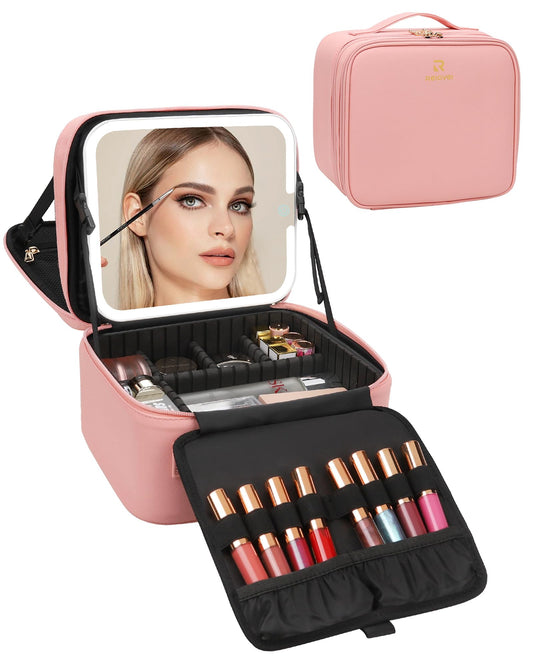 Relavel Makeup Bag with LED Mirror, Travel Makeup Case with Rechargeable Lighted Mirror 3 Color Lights, Dual Layer Cosmetic Box Makeup Brush Lipstick Holder Organizer for Women, Leather Pink