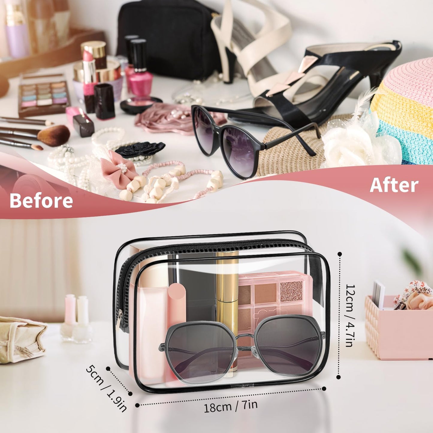 TISRATOK 12 PCS Clear Makeup Bag for Women with Zipper, TSA Approved Toiletry Pouch, Cosmetic Bag Bulk for Travel Organizer Essentials - Black,Medium