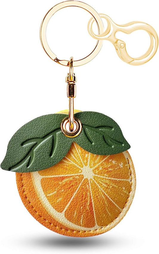 Leather Keychain for Airtag, Cute Protective Keychain Holder Compatible with Apple Air Tag,GPS Item Tracker Case Cover for Keys,Bags,Pets,Luggage(Orange)