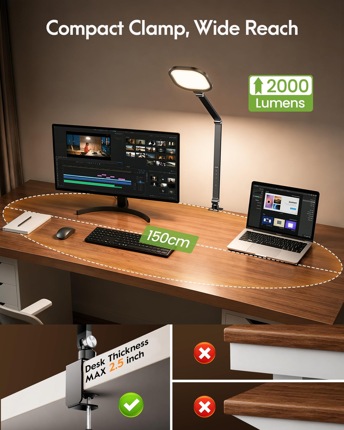 LitONES Remote LED Desk Lamp with Clamp – Professional Home Office Lighting for Zoom Meeting/Video Call/Reading, 2000LM Eye-Caring Dimmable Light with 30 Light Modes, Memory, Timer, CRI 97.8