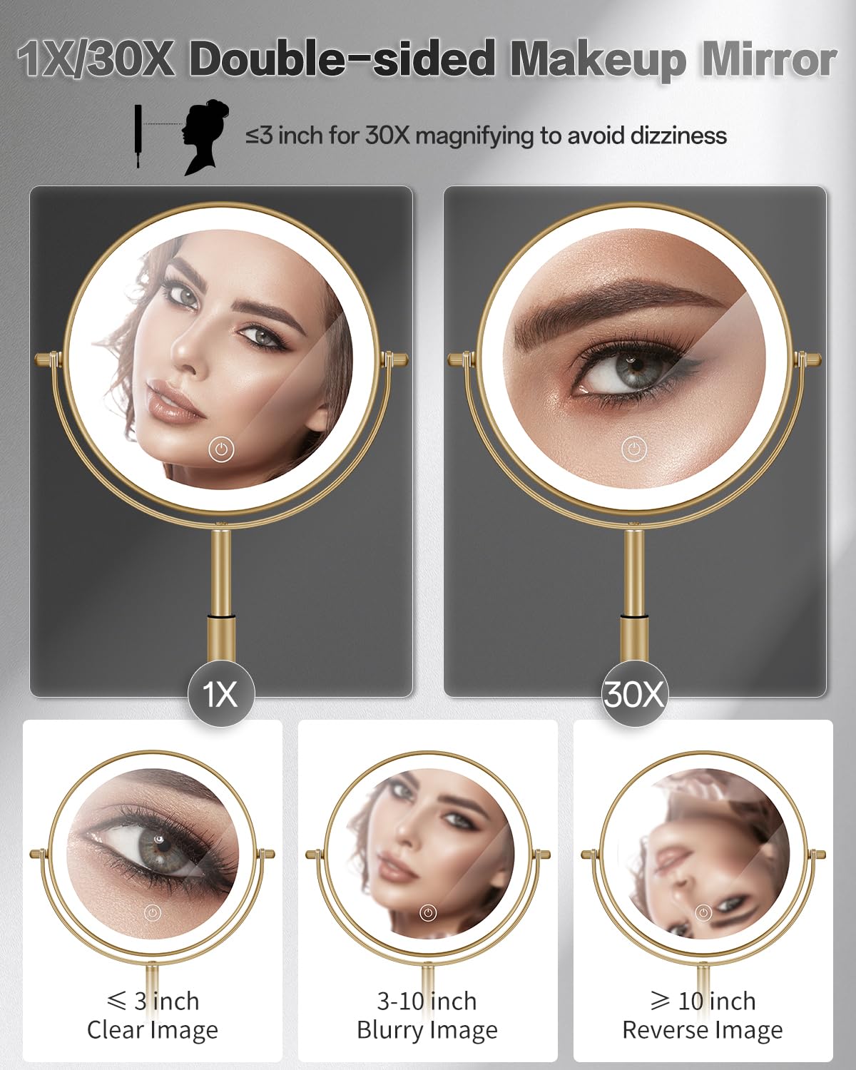 VFD 30X/1X Makeup Mirror with Lights, Height Adjustable Lighted Magnifying Vanity Mirror with 3 Lighting and Adjustable Brightness, 3000mAh Rechargeable Double Sided