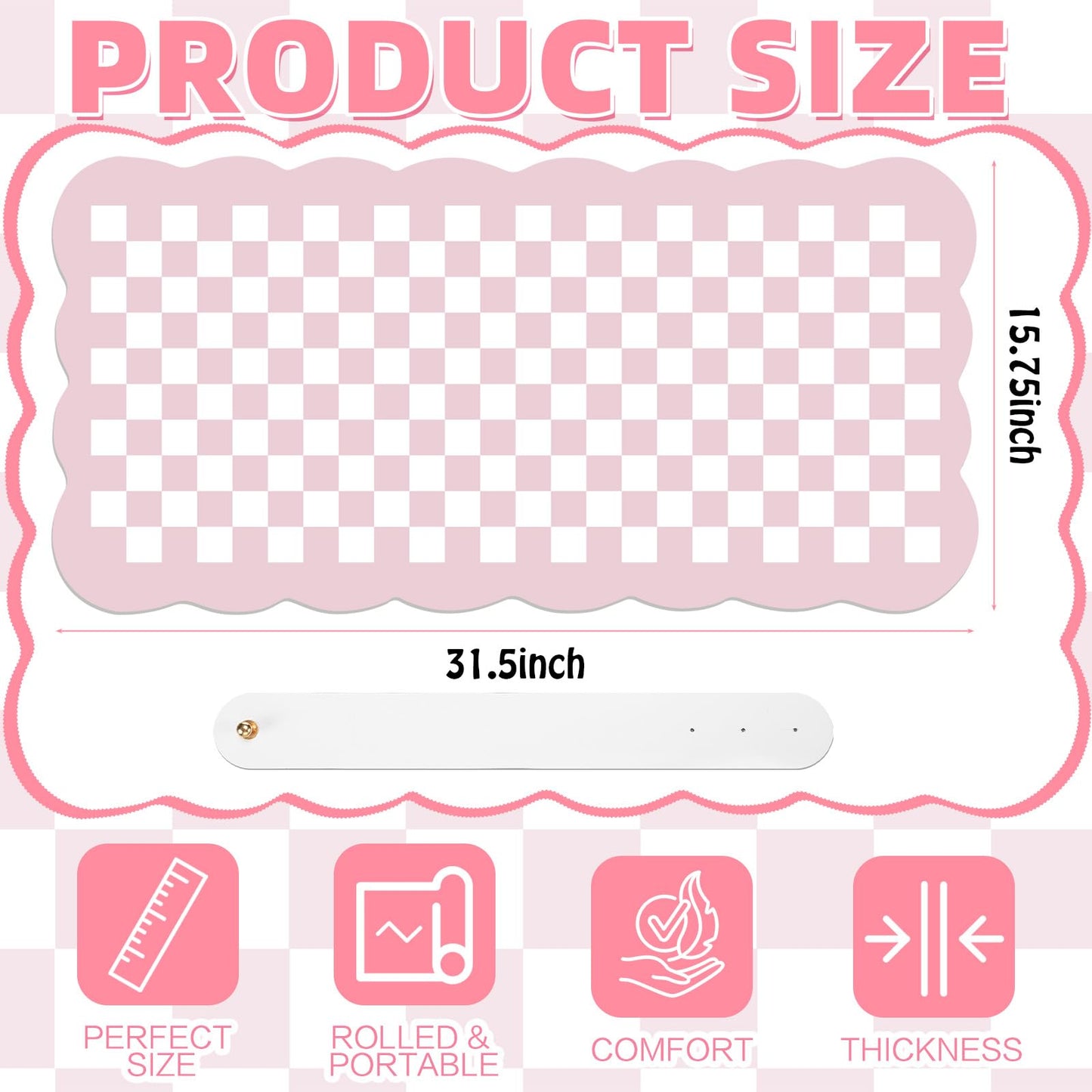 Nuanchu Pink Checkered Make up Mat, Pastel Vanity Makeup Pad Dual Sided Make up Mat for Vanity Easy to Clean Makeup Pad Waterproof and Oilproof(Scalloped)