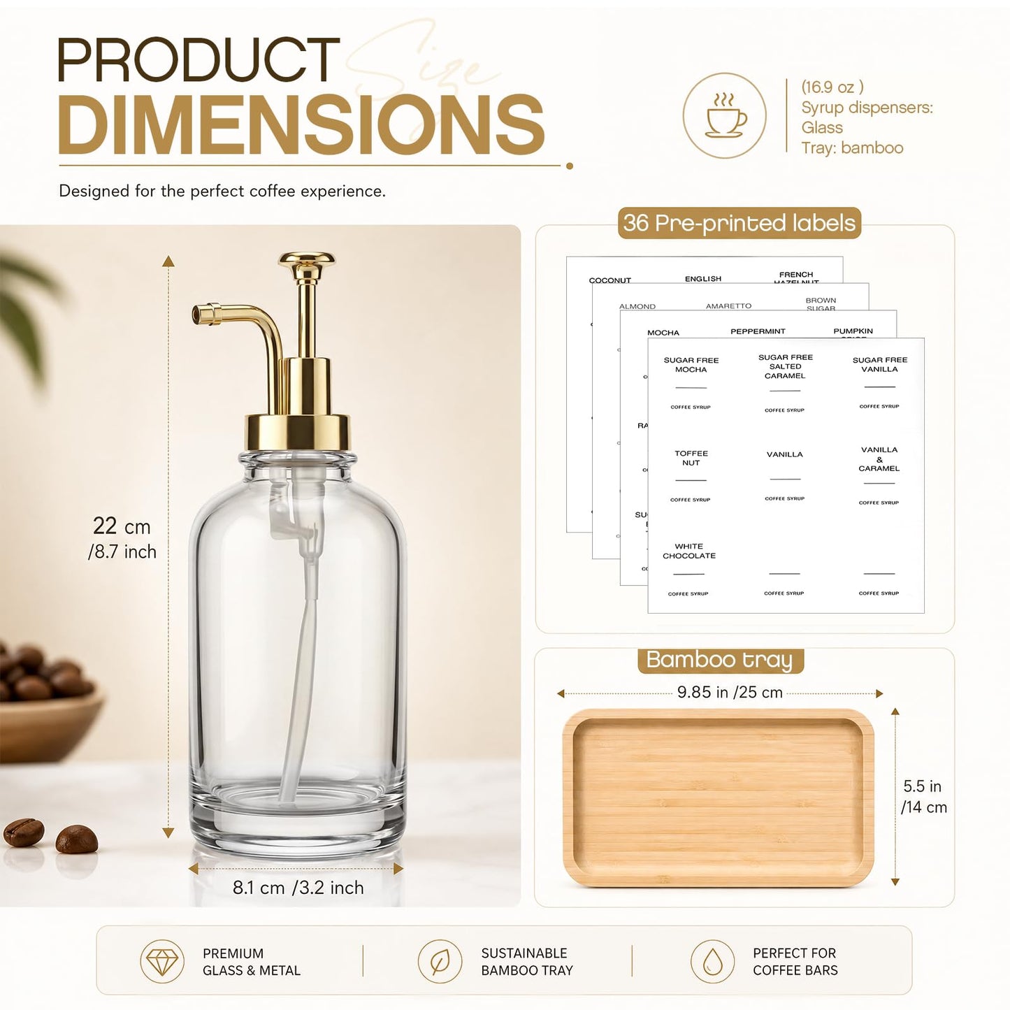 Domensi Syrup Dispenser for Coffee Bars, 2 Pack 16.9 oz Glass Syrup Bottle Pump Dispensers with Rectangle Bamboo Tray and 36 Labels for Organizing and Decor Display