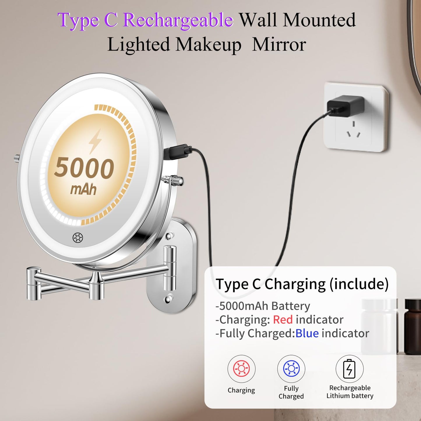 FUNTOUCH Rechargeable Wall Mounted Makeup Mirror with Lights,5000mAh Double Sided 3X/20X Magnifying,3 Color Lights,Touch Dimmable, Extended Arm 360 Rotation Lighted Bathroom Mirror with Magnification
