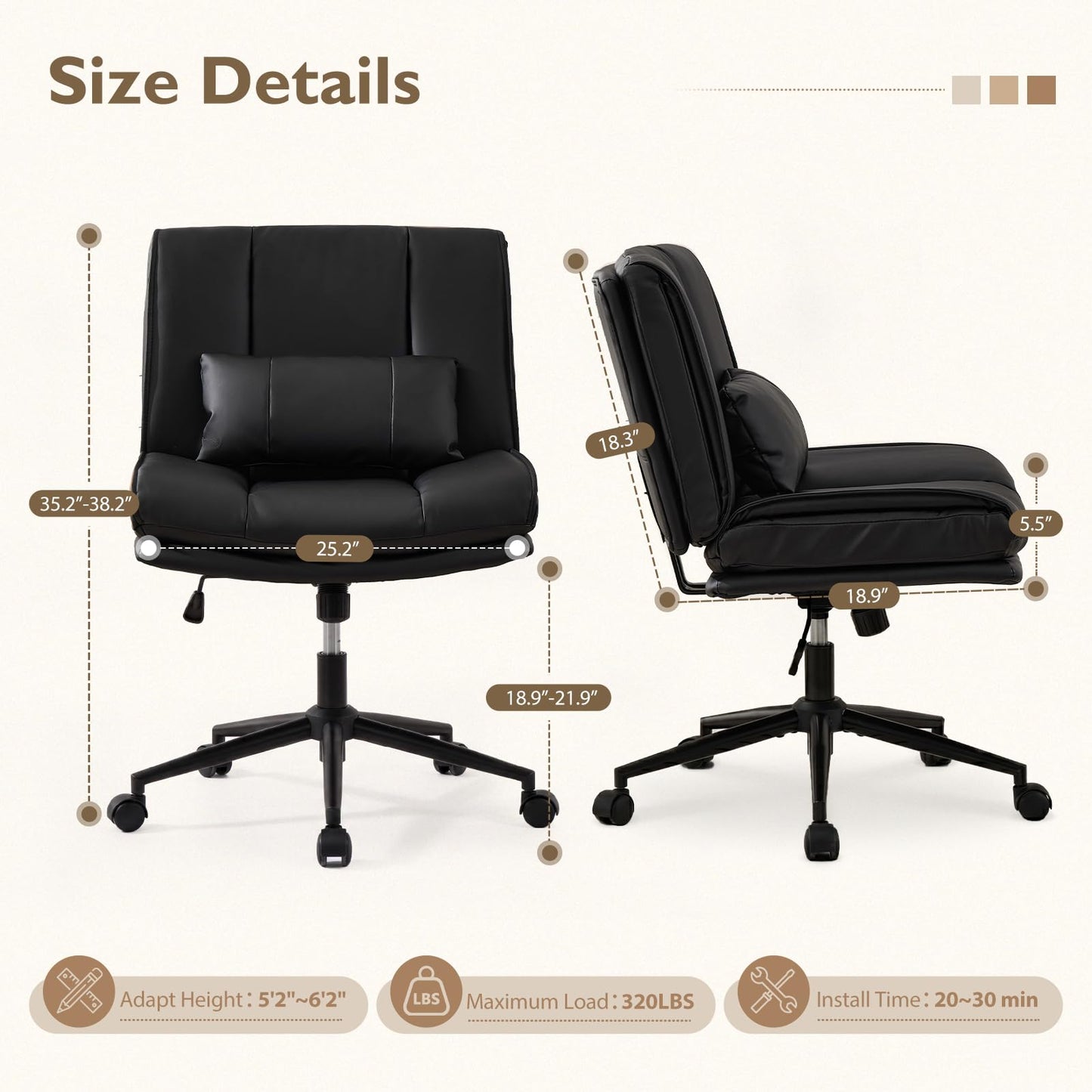 BIAOZHIKE Armless Criss Cross Office Chair with Wheels,PU Leather Black