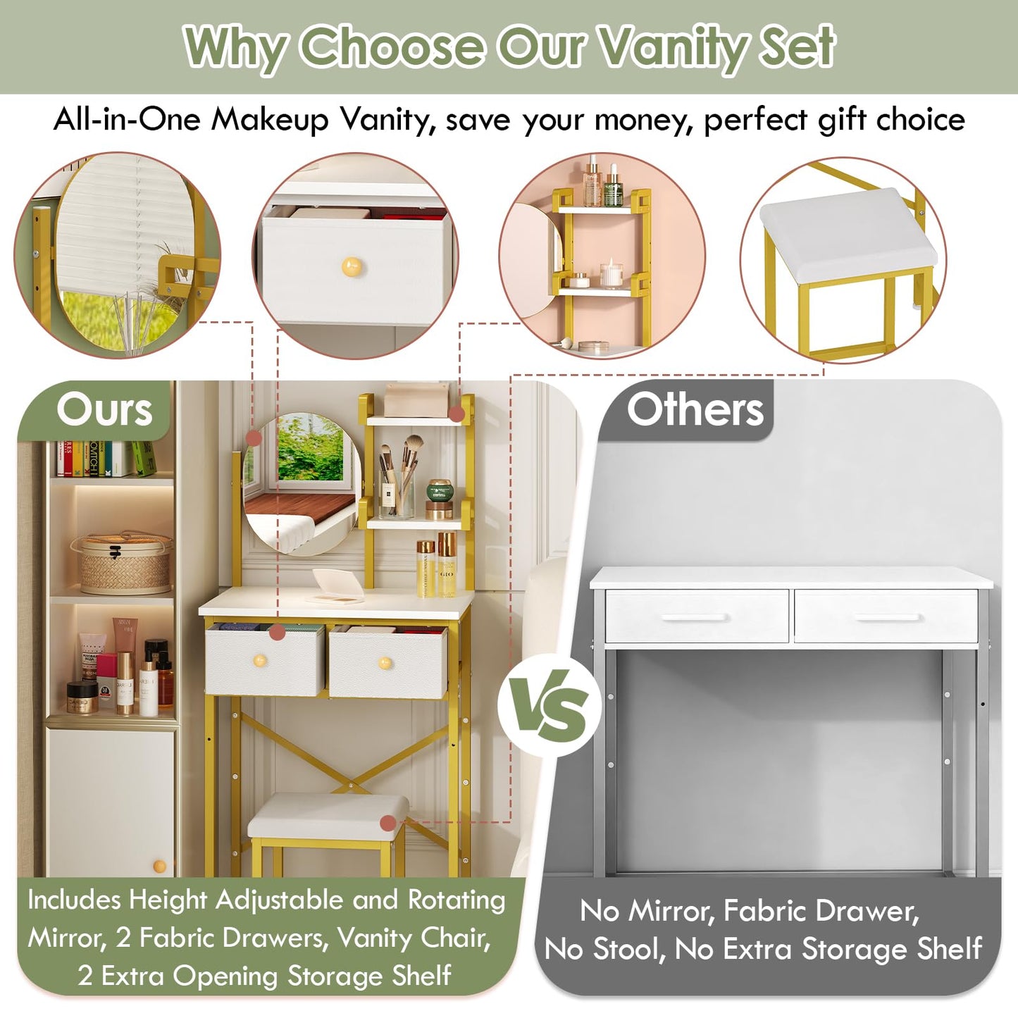 X-cosrack 19.7"W Golden Small Vanity Desk Set with Adjustable Oval Mirror & Stool for Small Space, Mini Cute Cheap Makeup Vanity Table with Opening Shelves, Drawers for Teens Kids Girls Corner Bedroom