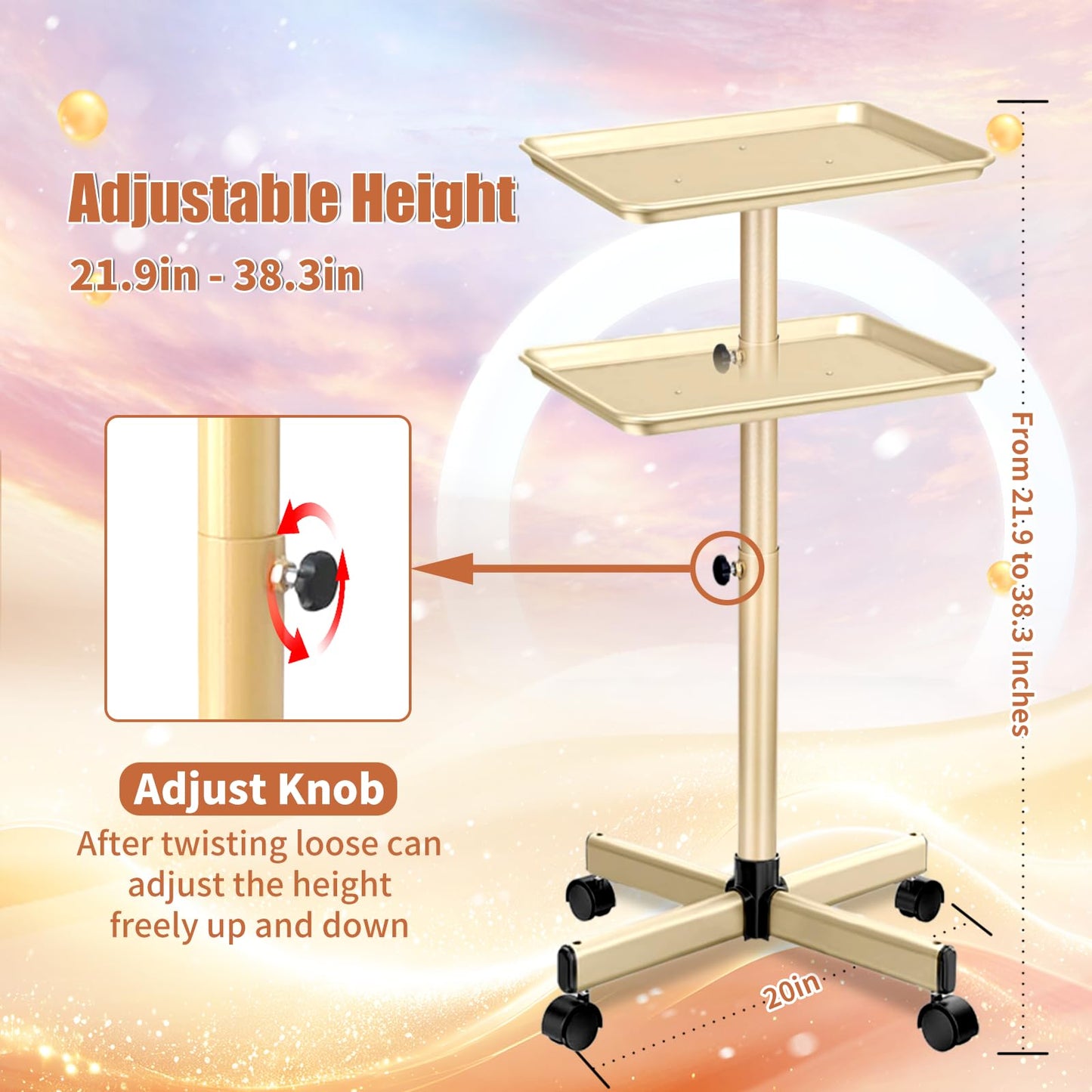 Salon Tray on Wheels, Champagne Gold Salon Rolling Tray with Adjustable Height, Metal Service Instrument Storage Tray for Salon&Home Use