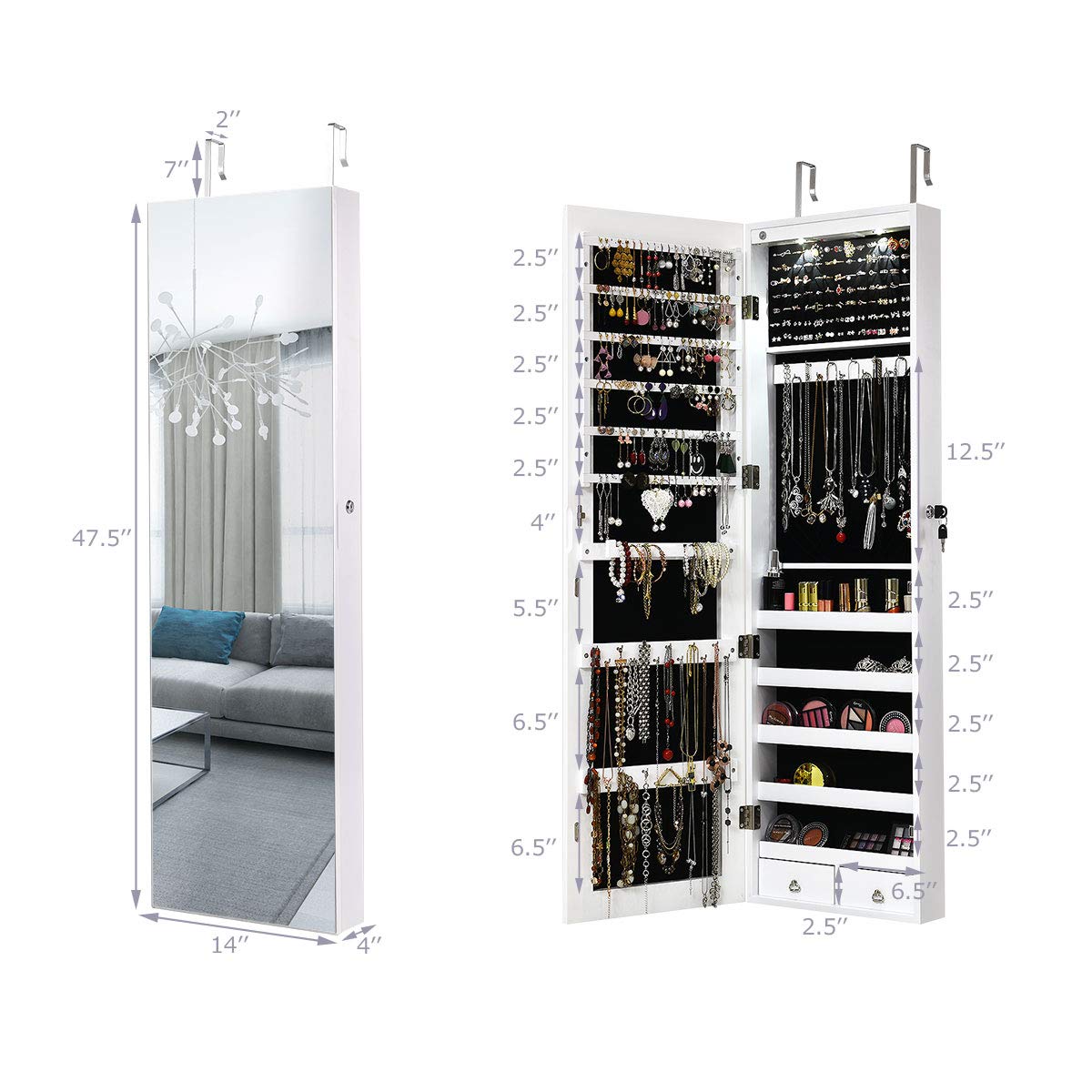 Giantex Wall Door Mounted Jewelry Armoire Cabinet with 47.5" Full Length Mirror, 2 LEDs Lockable Jewelry Organizers and Storage with 2 Drawers, Over the Door Jewelry Organizer Cabinet (White)